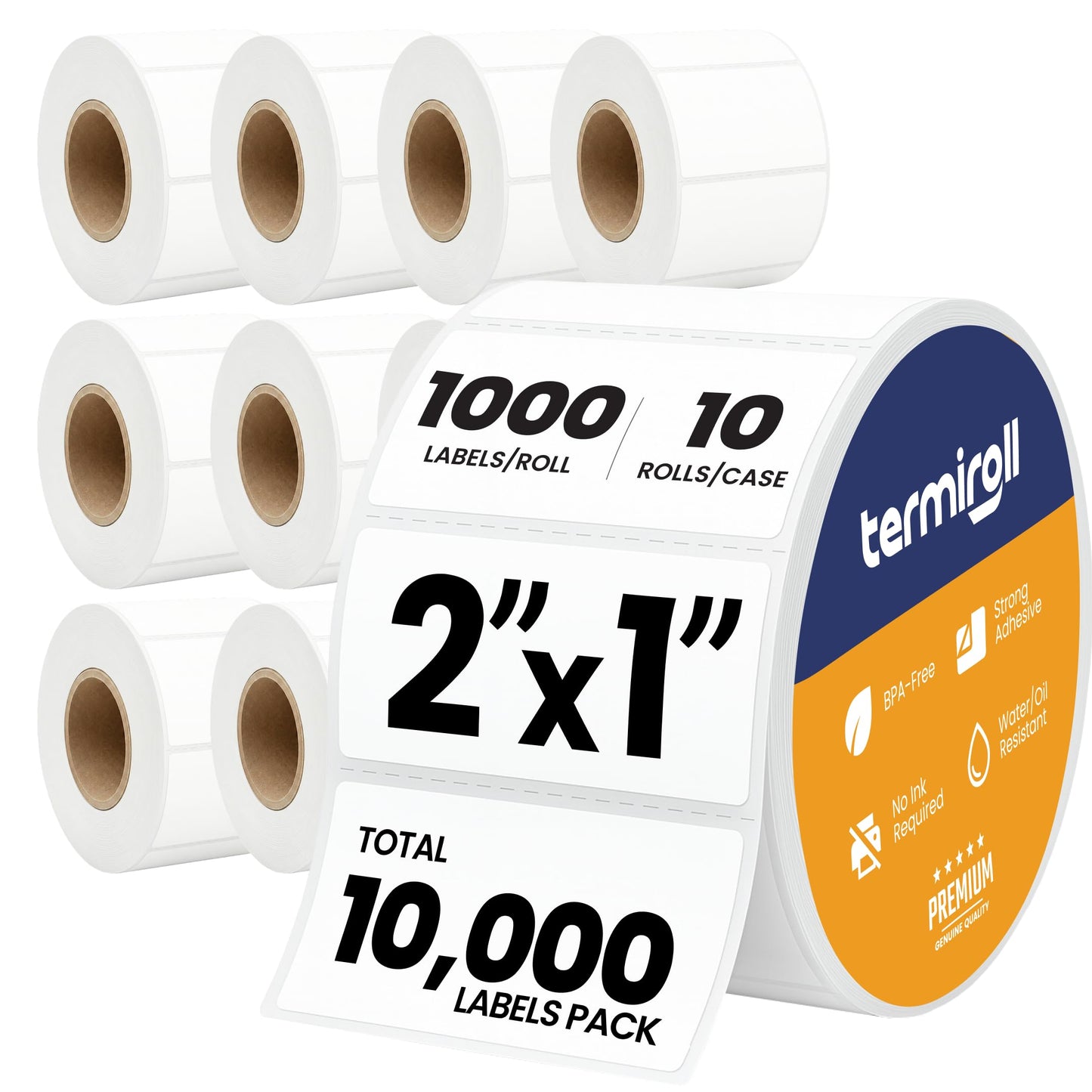 Termiroll 2x1 Thermal Labels – 10,000 Barcode & Address Labels/10 Rolls for Shipping, SKU & Inventory Stickers, Compatible with Rollo, Zebra, Munbyn, iDPRT & Direct Thermal Printers