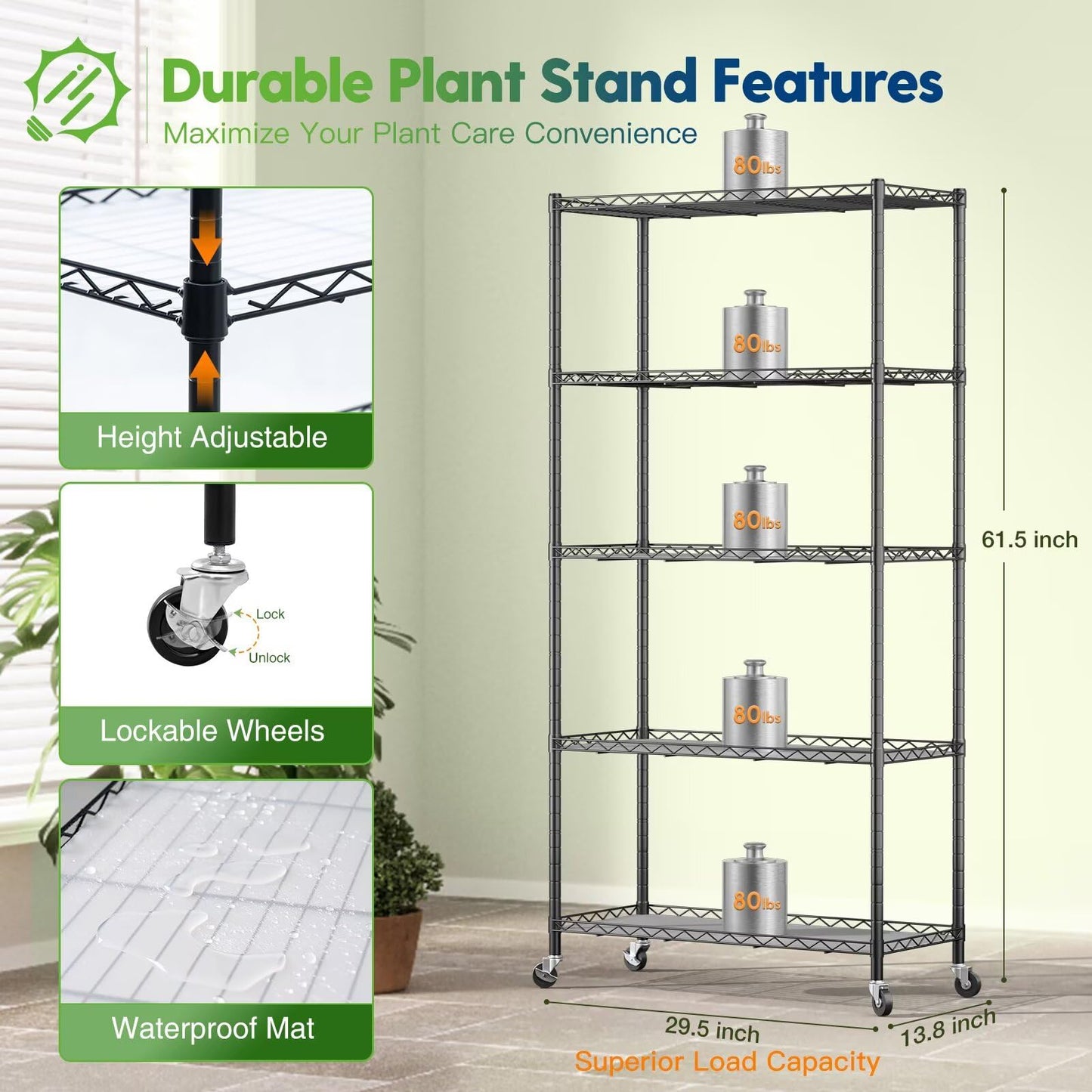 FREELICHT Plant Stand with Grow Light, 5 Tier Adjustable Plant Shelf with 4-Pack 30W LED Grow Lights, 2FT 5000K Full Spectrum Plant Light with Timer for Seedling, Seed Starting (29.5"x13.8"x61.5")
