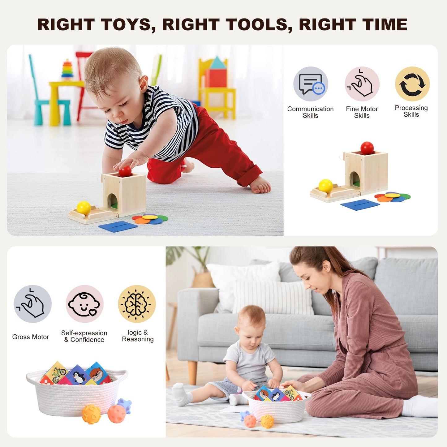 Child-Safe Montessori Educational Sensory Toy Set for Babies and Toddlers 6-12 Months - Must-Have for Early Development - 10 in 1 Wooden Learning Toy kit with Object Permanence Box, Stacking Cups etc