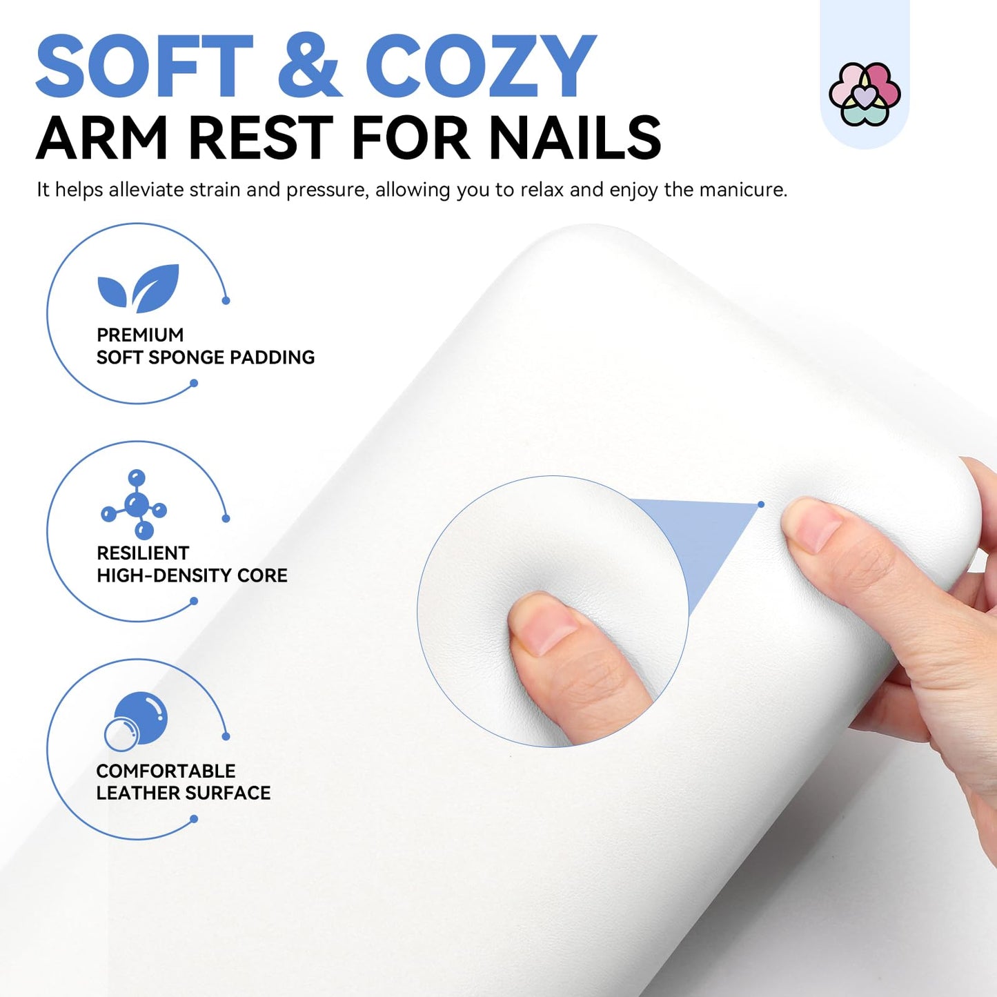 SAVILAND Arm Rest for Nails Tech Professional: 15.7" Full-Length Nail Arm Rest for White Super-Comfort Big Nail Arm Rest with Microfiber Leather Mat Height Hand Pillow Cushion Nail Salon Manicure