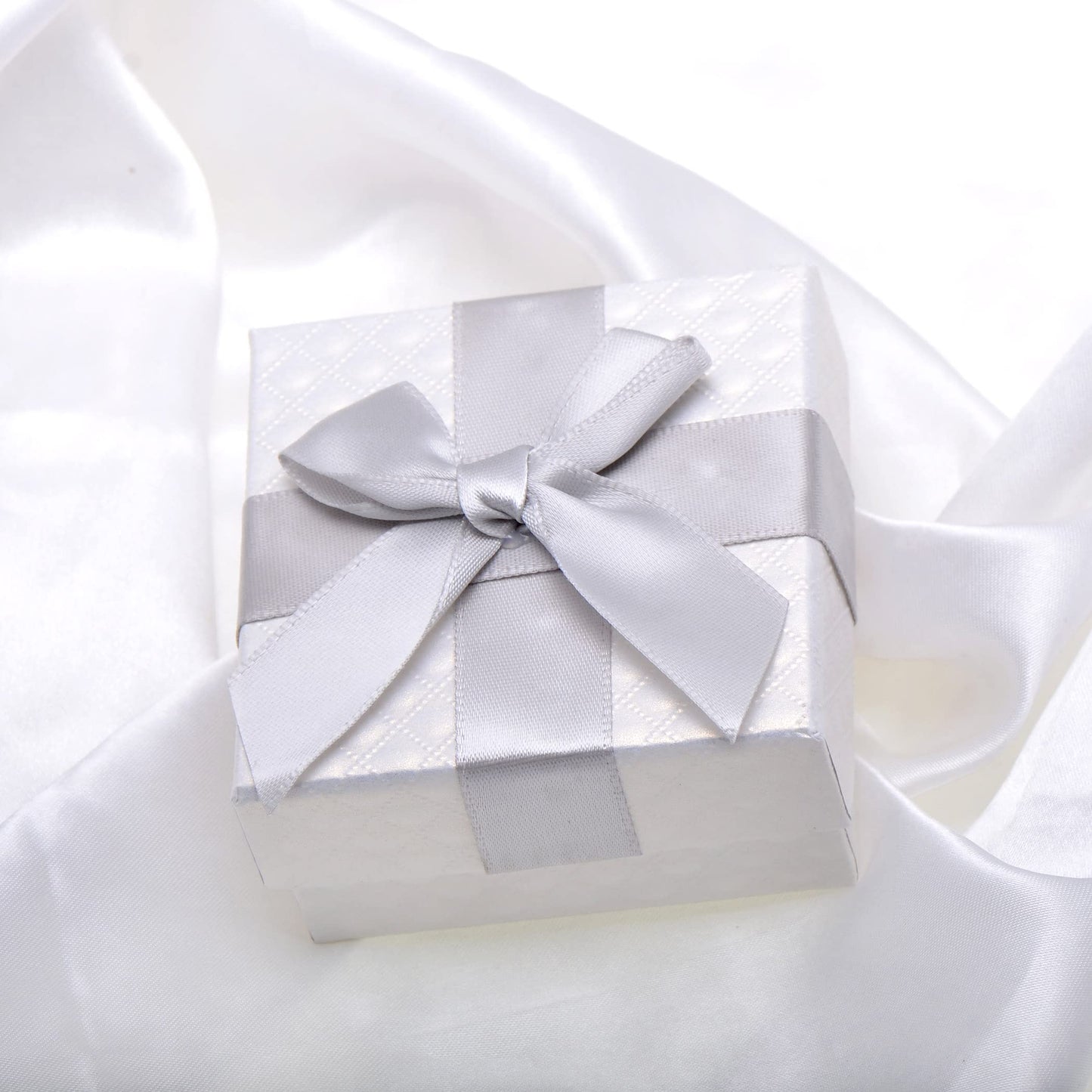 Paialco 2.5" Small Jewelry Gift Box Knotted Ribbon and Foam Filled, Silver White