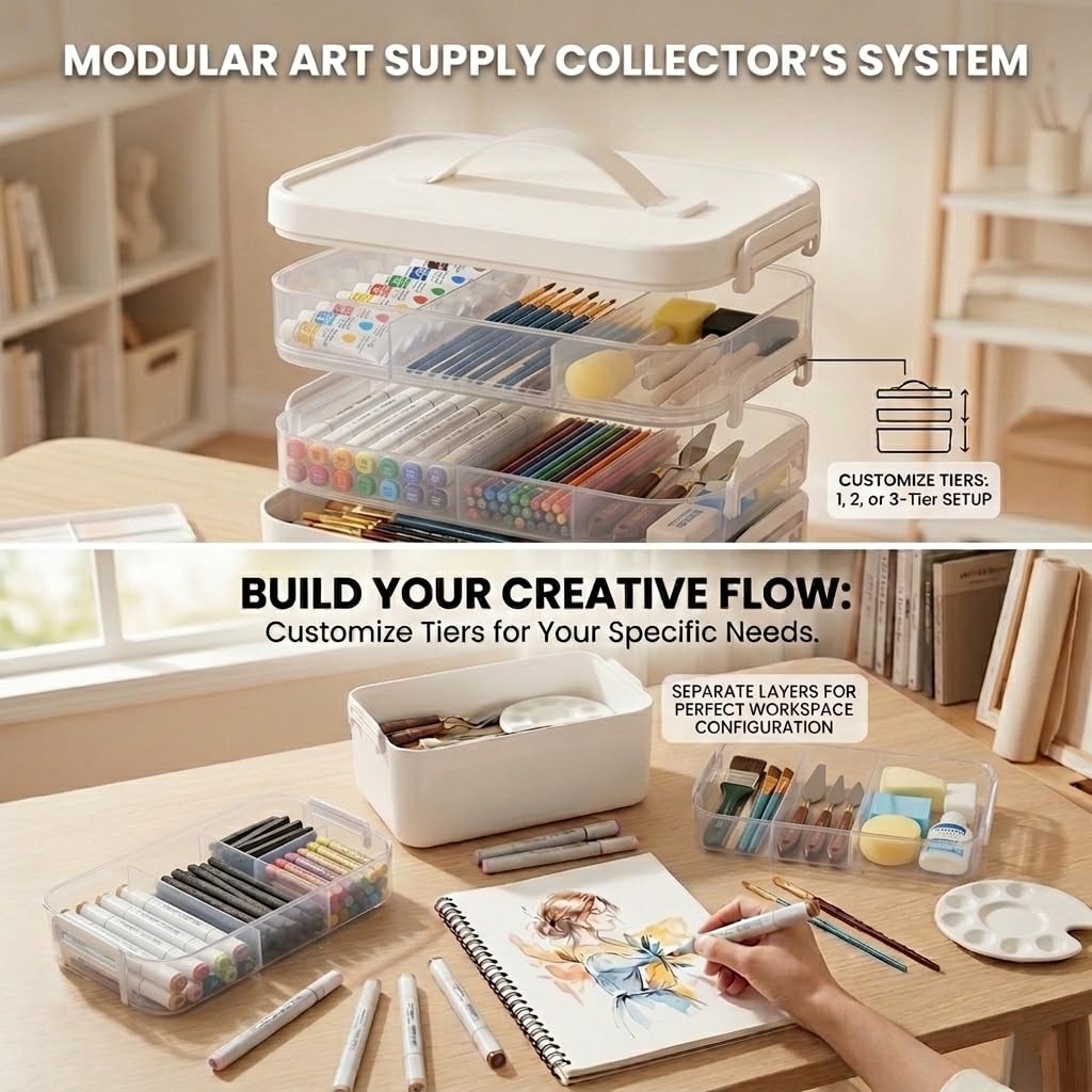 MERATIA 13.3 QT Art Supply Organizer Box with Handle, White 3-Tier Stackable Craft Storage Container with Removable Trays for Markers, Paints, Beads and Sewing Accessories 11.1''x7.7''x9.1''