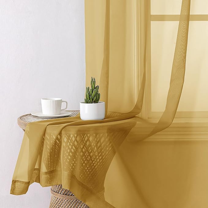 Lecloud Gold Sheer Curtains 90 Inches Long 2 Panels, Breathable Solid Voile Light Filtering Curtain, Lightweight Home Decor Drapes with Rod Pocket for Bedroom Living Room, Each 42" W x 90" L
