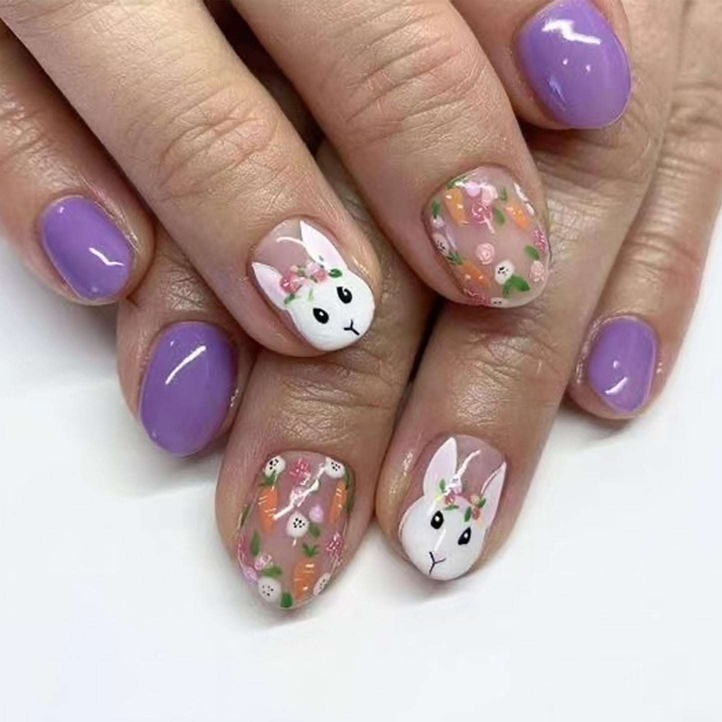 Easter Bunny Press on Nails Short Square Fake Nails with Spring Summer Floral Carrot Pattern Easter Nail Press ons Glossy Purple False Nails Flower Rabbit Glue on Nails for Women 24Pcs