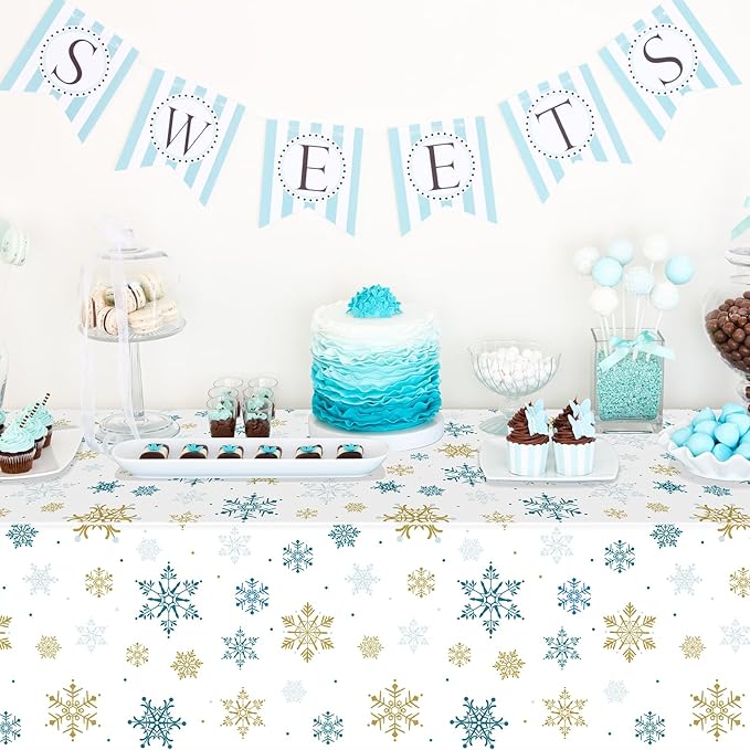 1Pcs Snowflake Plastic Tablecloth Christmas Snowflake Disposable Table Cloth White Blue and Gold Winter Wonderland Table Cover for Winter Holiday Christmas Birthday Party Decorations,54x108 Inch