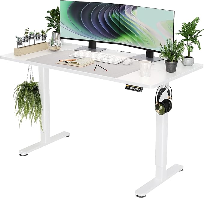 Claiks Electric Standing Desk, Adjustable Height Stand up Desk, 55x24 Inches Sit Stand Home Office Desk with Splice Board, White Frame/White Top