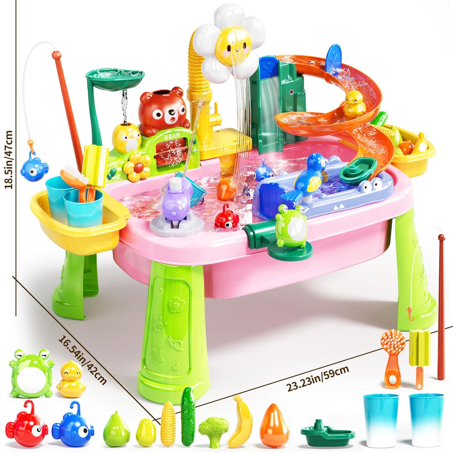 Pupu Pig Water Table Play Sink Toys for Toddlers, Kids Play Kitchen Sink with Running Water, 360° Electric Faucet, Floating Fishing Game, Sensory Water Table Toys for Boys Girls Summer Gifts - Pink