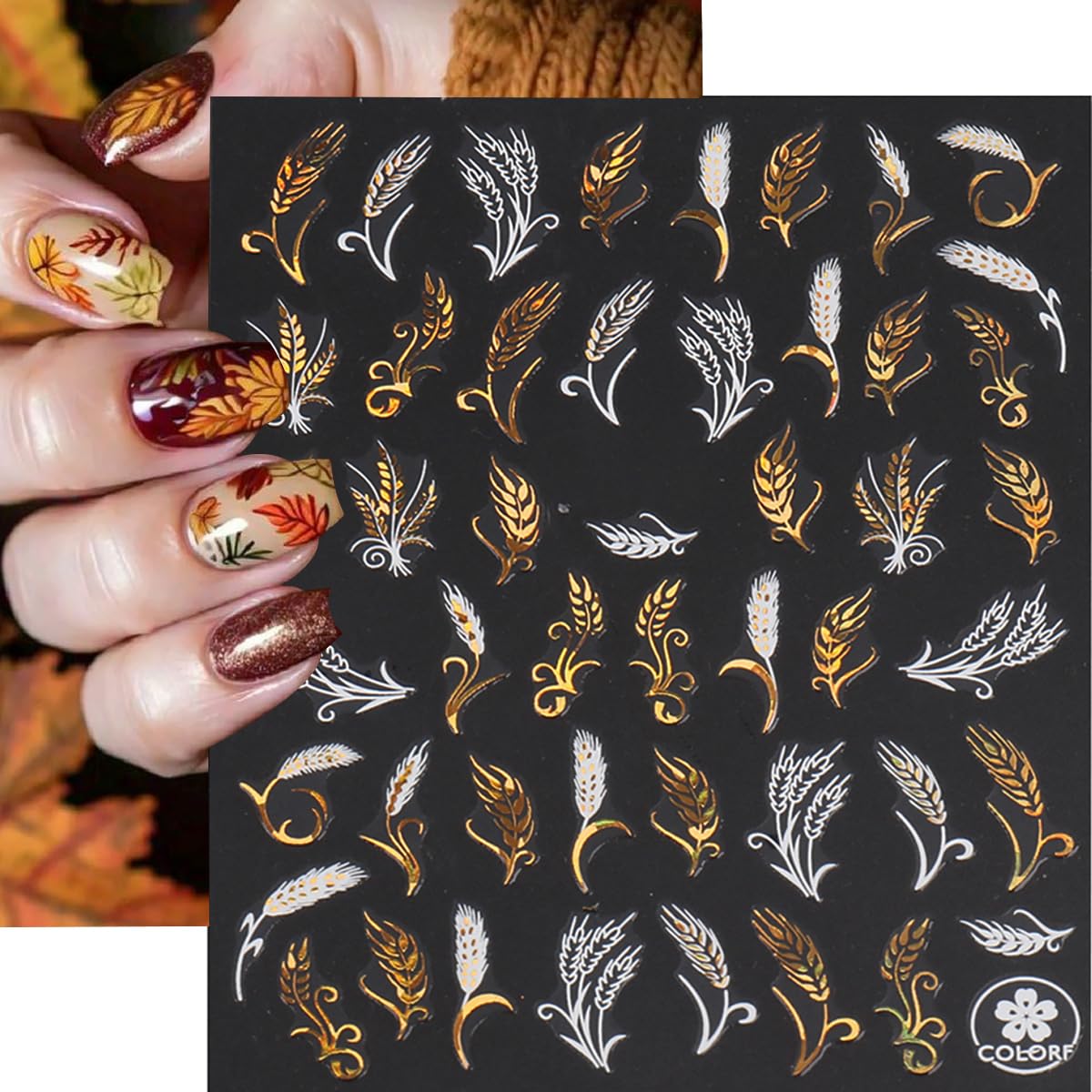 9 Sheets Fall Nail Art Stickers Maple Leaf Nail Decals Flower Tree Nail Design Decals 3D Self-Adhesive Glitter Gold Nail Stickers Thanksgiving Holiday Nail Art Decoration for Women Manicure Tips