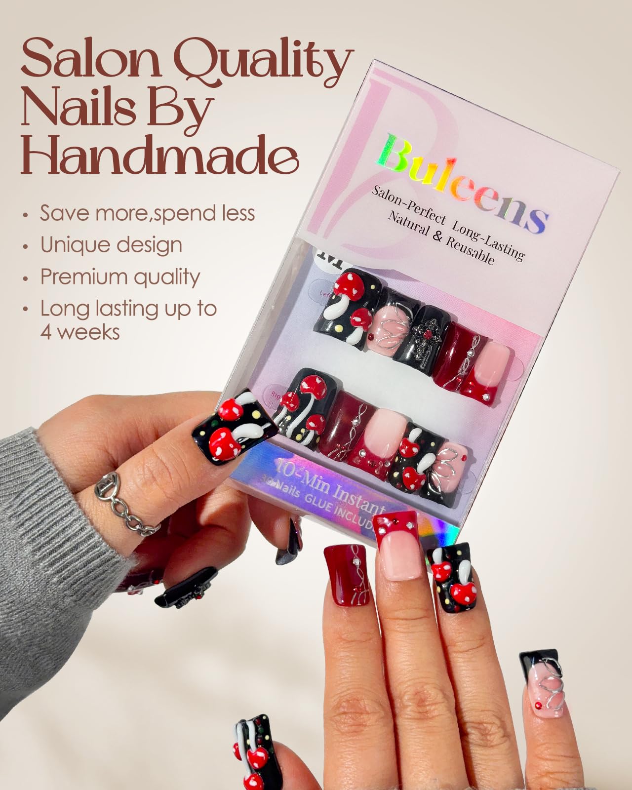 Buleens Handmade Press on Nails Acrylic Duck Nails-10pcs Short Gothic Fairy Mushroom 3D Fake Nails Kits