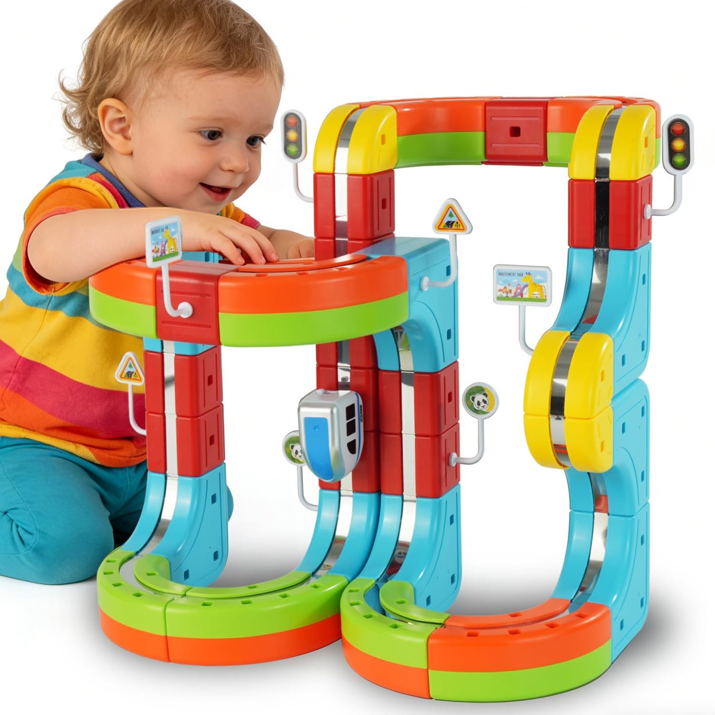 glouslove Kids Electric Train Set, DIY Track, Suitable for Children Aged 4-8,82 Pcs Car Track for Toddlers 3-5, Building Toy Train Track Gravity-Defying 3D Embedded Layouts & Motorized Car, STEM Gift