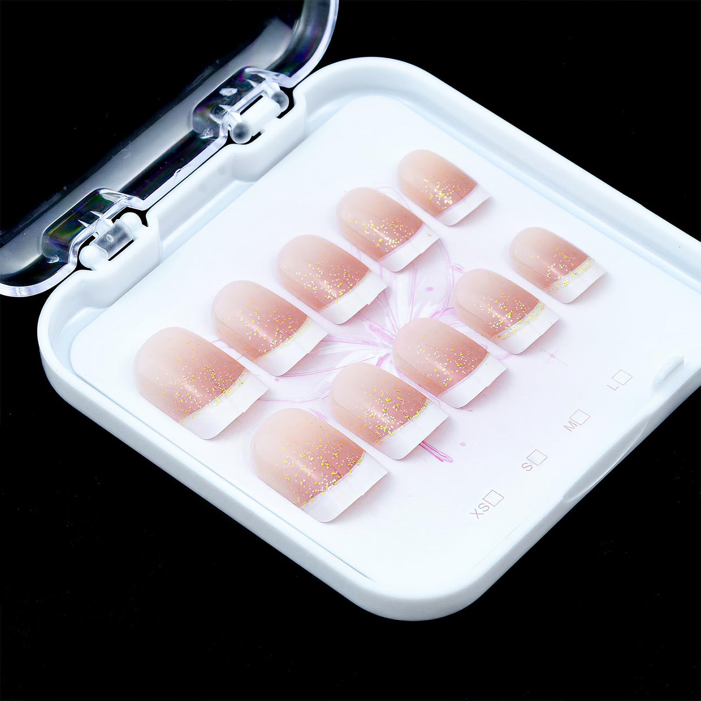 Gradient French Tip Press On Nails Short Square Glitter Pink False Nails Sparkling Gold Design White French Tip Cute False Nails Full Cover Stick On Nails for Women Girls Manicure 24pcs
