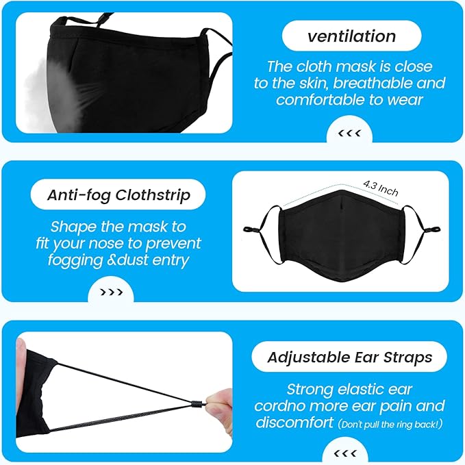 3-Ply Cloth Face Mask 6 Pack,Washable, Reusable and Breathable Face Covering with Adjustable Ear Protection Loops for Women and Men (Black/Grey/Wine Red/Dark Green/Dark Blue/Brown)