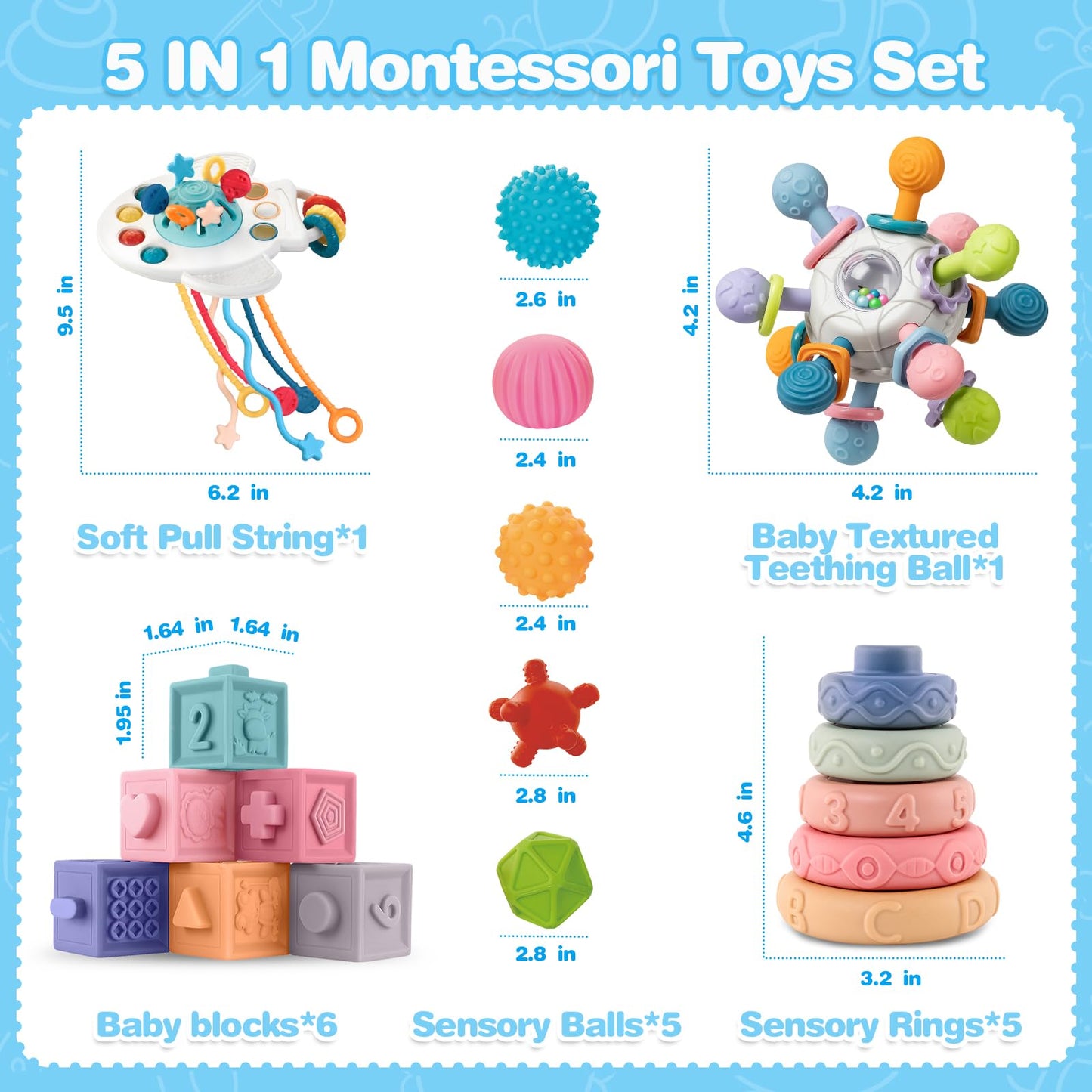 SpringFlower 0-3-6-12 Months Baby Toys, 5 in 1 Montessori Toys for Babies, Teething Toy & Stacking Building Block & Ring & Silicone Pull String, Sensory Development Baby Infant Toy, Gift for Babies