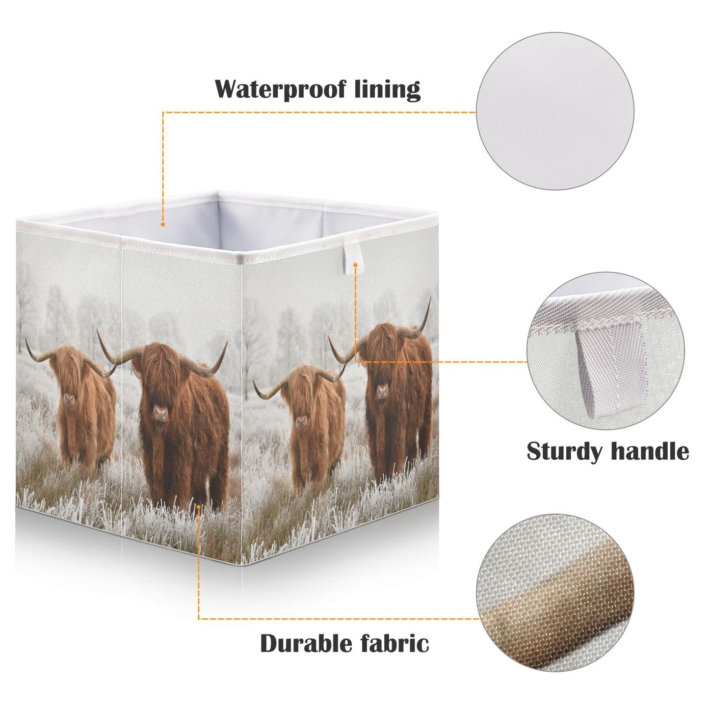 Ollabaky Highland Cow Storage Bin, Foldable Fabric Cube Basket Cloth Organizer Box With Handle for Closet Shelves, Nursery Toy Bin - S