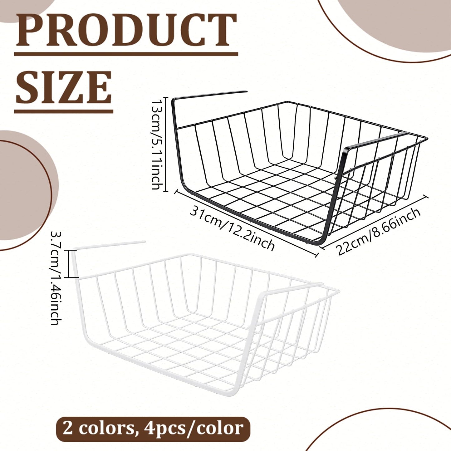 INTERWARM 8 Pcs Under Shelf Wire Basket, Slide-in Baskets Organizer for Kitchen Pantry Desk Bookshelf, Cabinet Baskets Organizer 12.2x8.66x5.1Inch for Kitchen, Office, Pantry(Black and White)