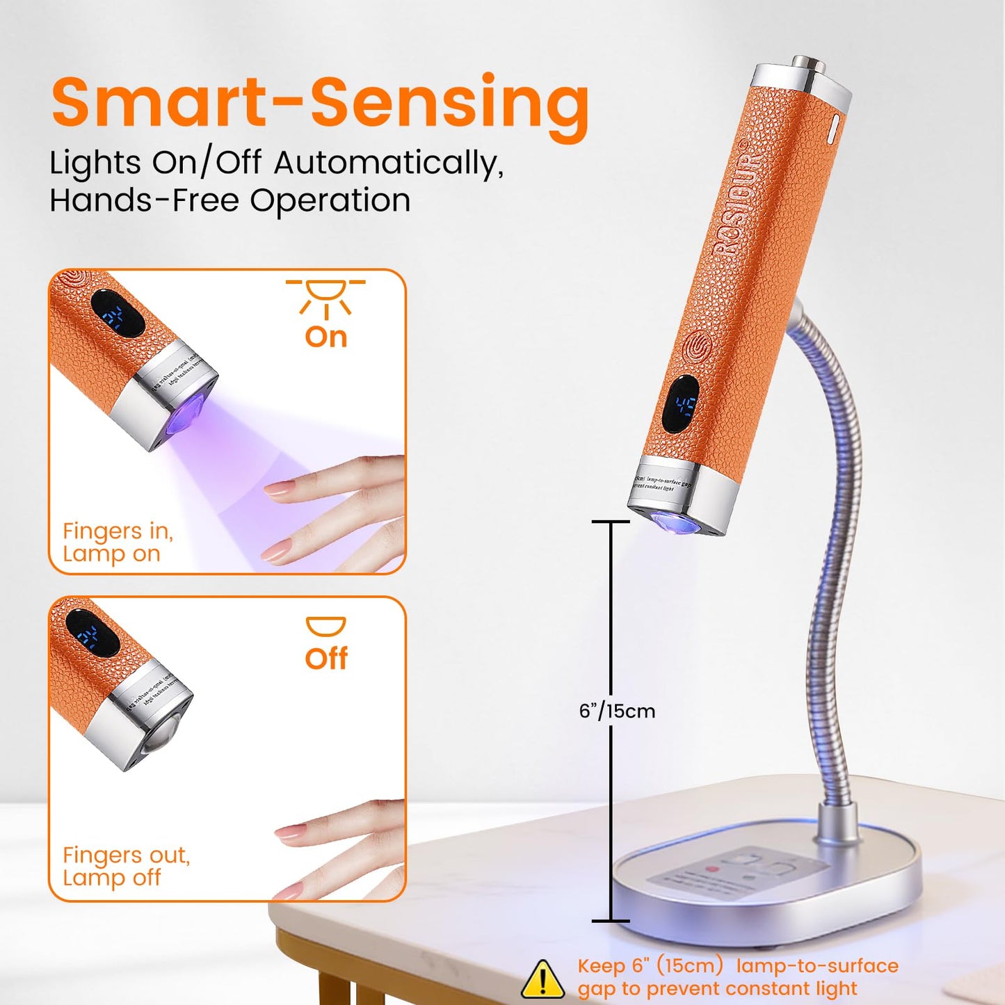 Rosiour Handheld Mini UV Light for Nails: Flash Cure UV Led Nail Lamp with Cat Eye Magnet- Hand Held Fast Dry Single UV Lamp Pen with Auto Sensor for Manicure Home Salon (Orange)