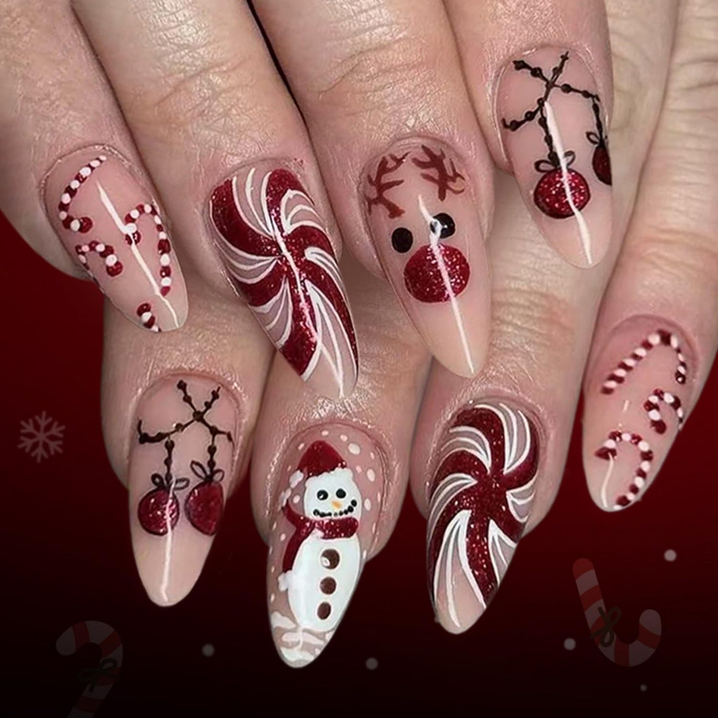 Xmas Press on Nail Medium Length Fake Nails Full Cover Almond Shape Press ones with Deer Snowman Candy Cane designs Christmas Glue on Nails Glossy Red Cute Holiday False Nails for Women Holiday 24pcs