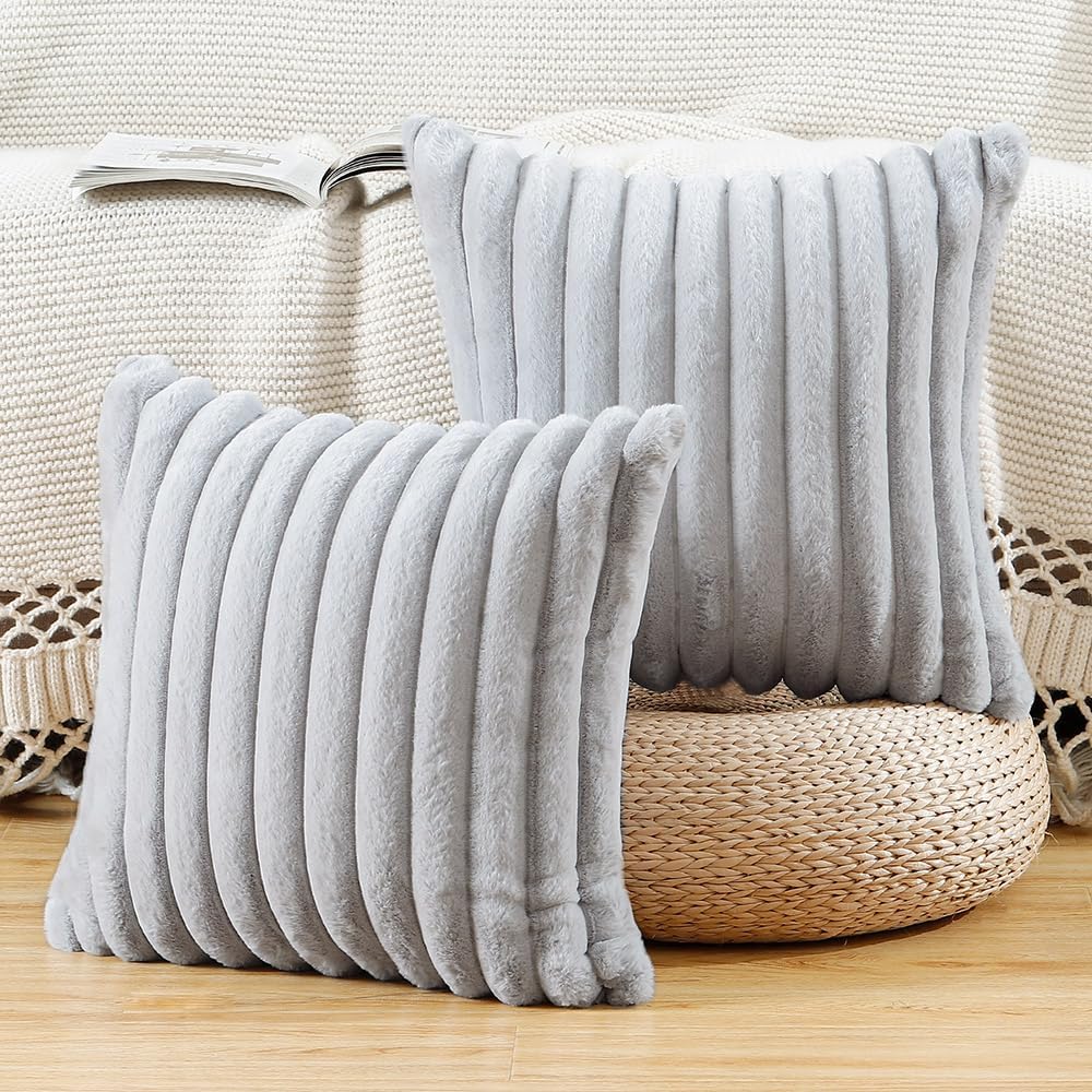 MADIZZ Set of 2 Faux Wool Plush Decorative Throw Pillow Covers 22x22 Inch Light Grey Fluffy Striped Soft Decorative Cushion Cover for Sofa Bedroom Pillow Shell