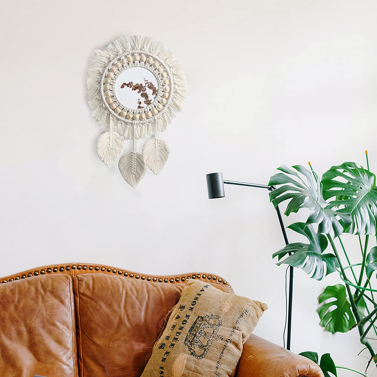 Artilady Macrame Hanging Wall Mirror - Boho Fringe Round Handmade Decorative Acrylic Mirror for Apartment Living Room Bedroom Baby Nursery Home Decor (Leaf)