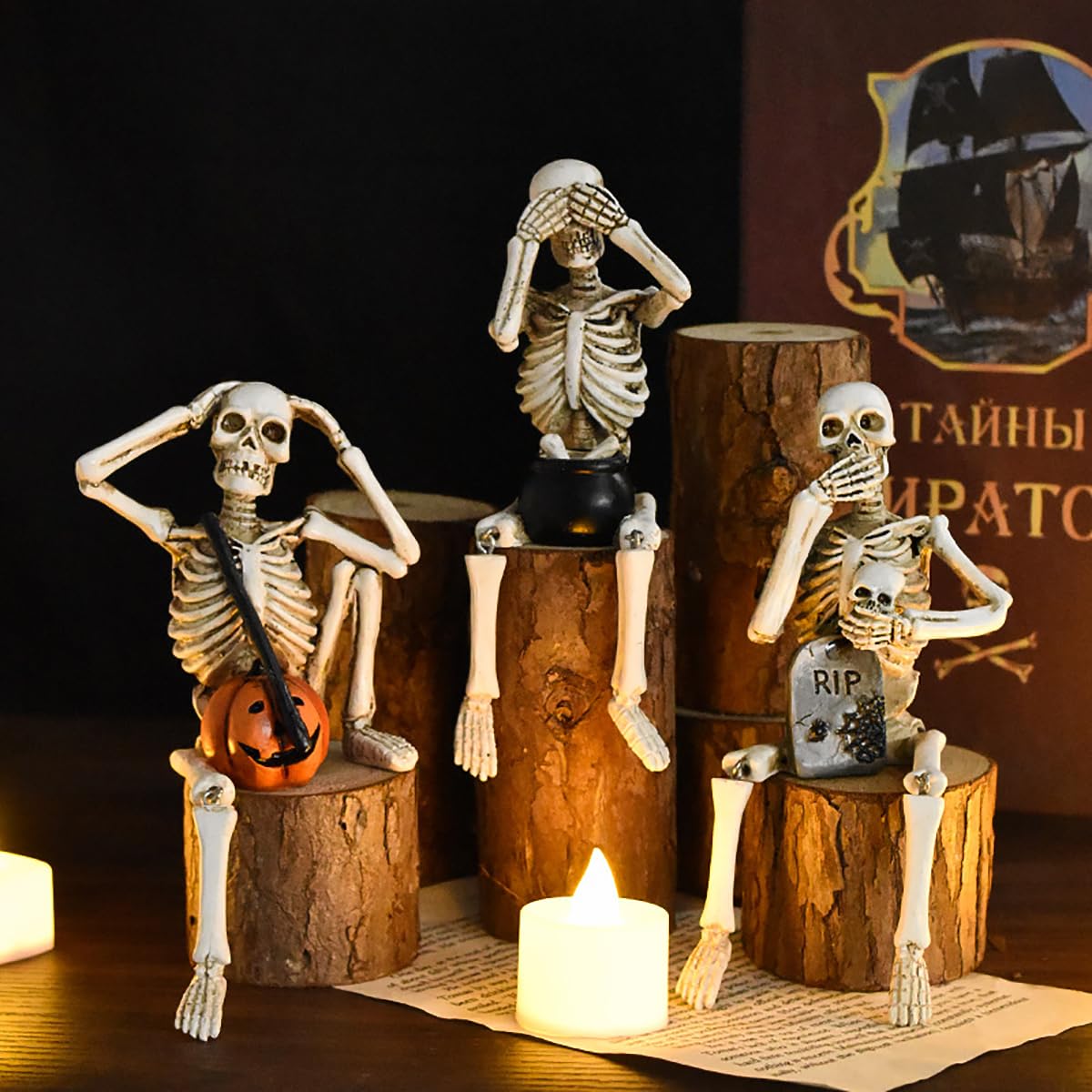Set of 3 Skeleton Shelf Sitters – Halloween “See No Evil, Speak No Evil, Hear No Evil” Figurines – Gothic Skull Decoration with Legs Dangling – Spooky Funny Shelf Decor for Home, Party, Office