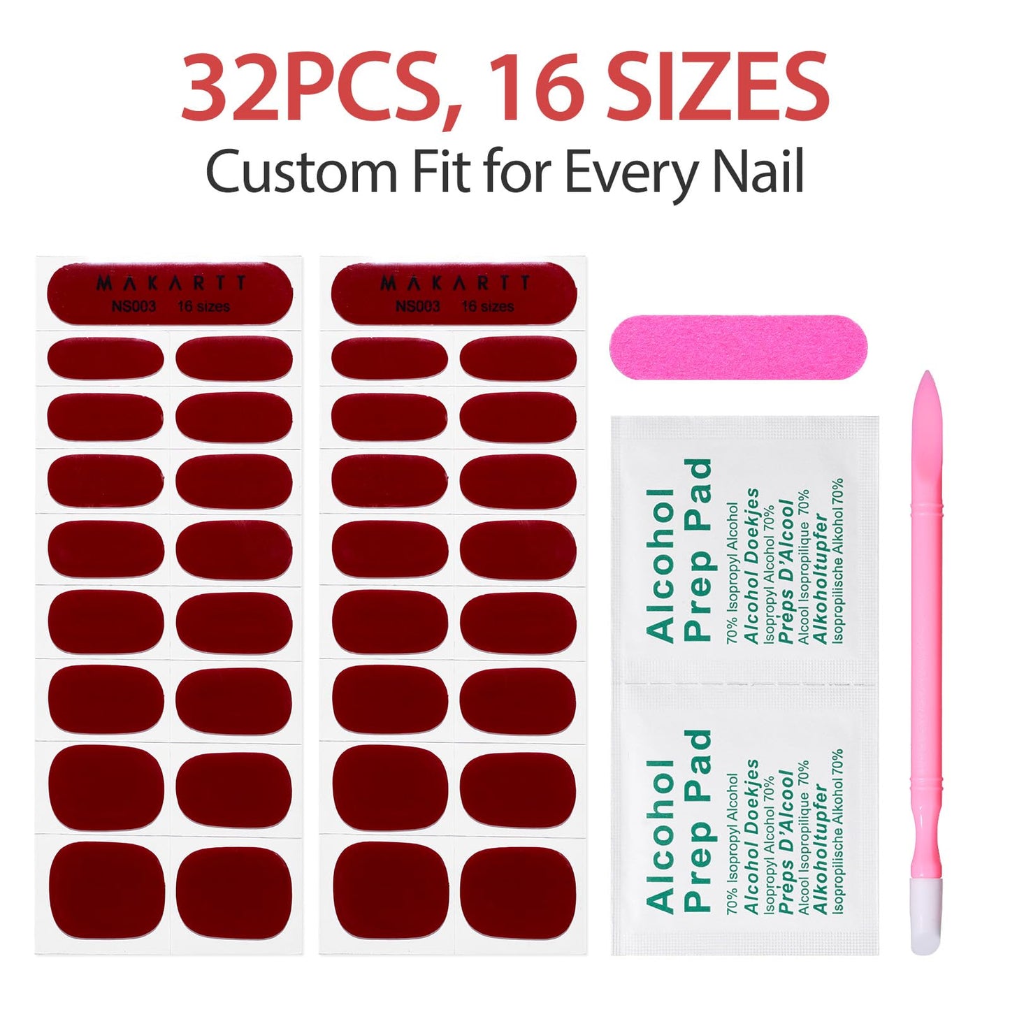 Makartt Semi Cured Gel Nail Strips Kit 2 Packs – Real Gel, Hema & TPO Free, 16 Sizes Anti-Lift Fit, UV Light Required, Salon Quality, Long Lasting, Includes Dual-Ended Tool & Prep Kit (Deep Burgundy)