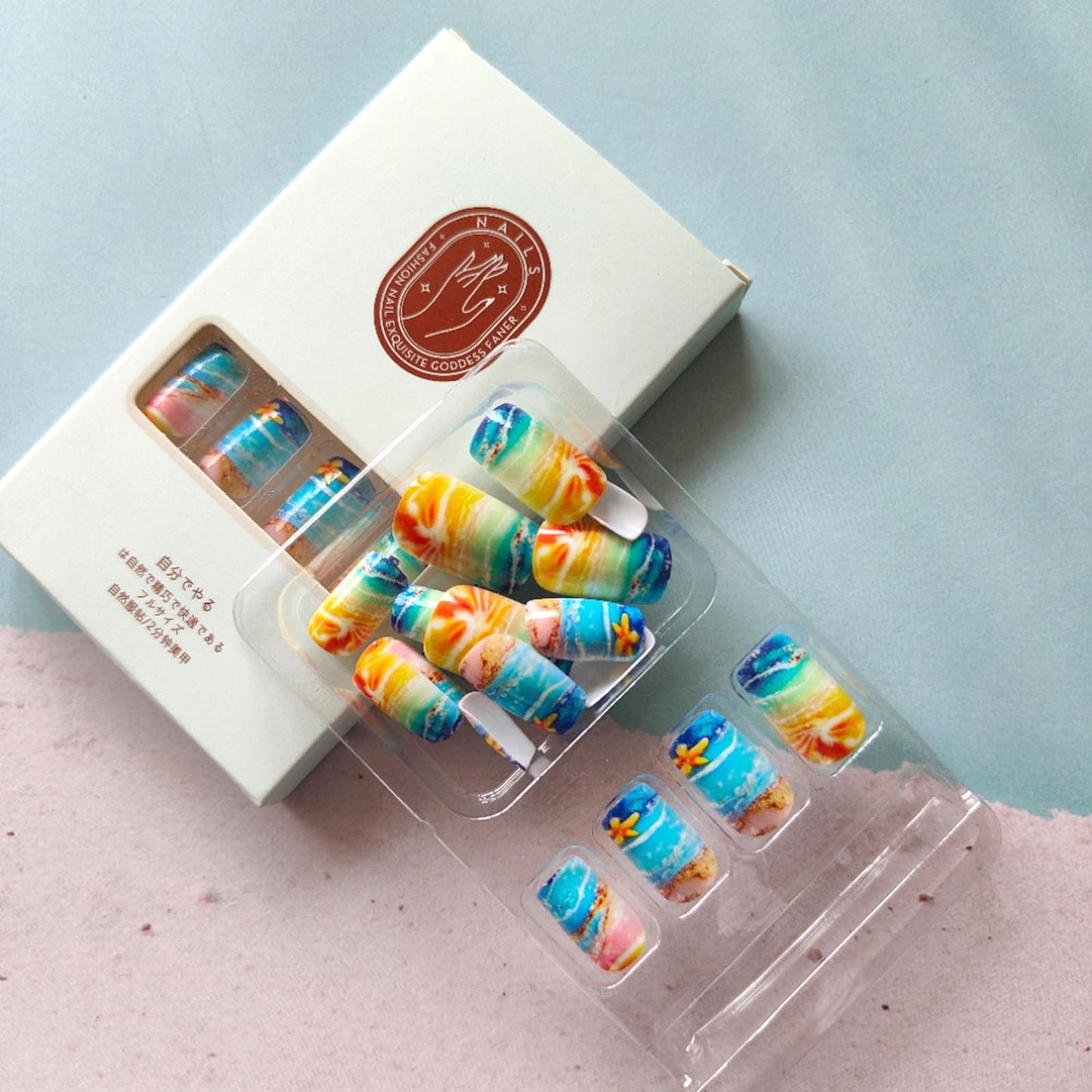 24Pcs Summer Press on Nails Short Square Fake Nails with Gradient Waves Design Golden Beach False Nails Glossy Glue on Nails Acrylic Nails Full Cover Stick on Nails for Women Manicure