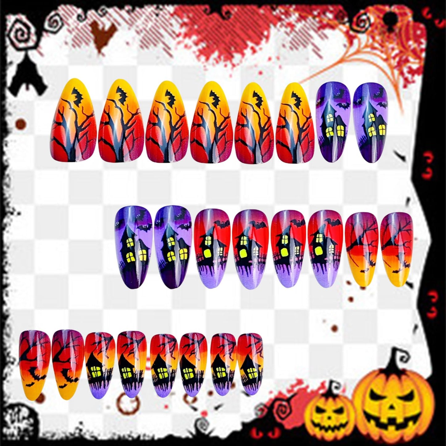 24Pcs Halloween Press on Nails Medium Bat Castle Pattern Design Halloween Nail Full Cover Glossy Artificial Acrylic False Nail French Almond Tip Medium Glue on Nails for Women Festival Decoration