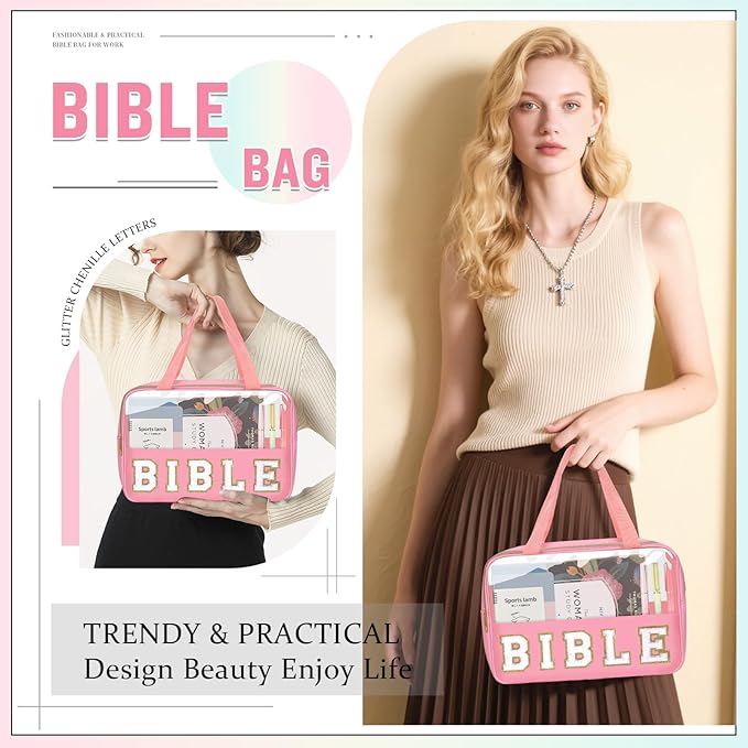 Chenille Letter Bible Bag Cover Case for Women,Preppy Bible Study Supplies Church Bag Purse Bible Accessories with Handle Zipper,Waterpoof Travel Makeup Bag Christmas Christian Gifts(BIBLE-Pink)