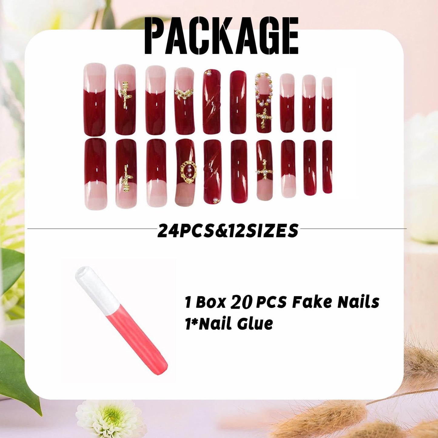 IMSOHOT Extra Long Press on Nails Curved Long Fake Nails Wine Red French Nail Tips, Golden Charms, Glossy, Acrylic False Nails Full Cover Handmade DIY Glue on Nails