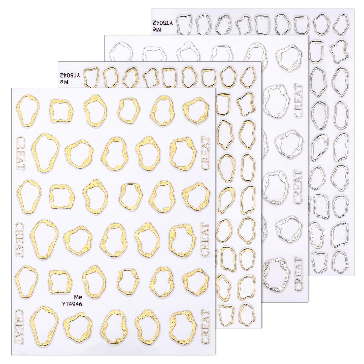 4 Sheets 5D Embossed Nail Stickers for Nail Art - Irregular Geometric Lines Frames Nail Art Design Self Adhesive Chrome Decals for Gel Nails Manicure Accessories-Gold Silver