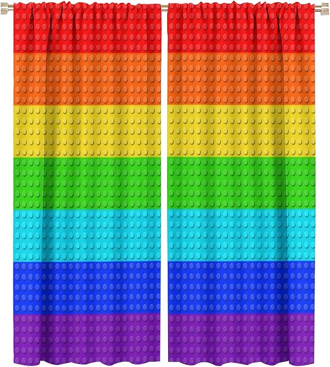Colorful Building Block Toy Curtain Rod Pocket Children's Nursery Rainbow Contour Plastic Toy Brick Geometric Print Pattern Curtain Boys Girls Bedroom Playroom 2 Panels 42x54in