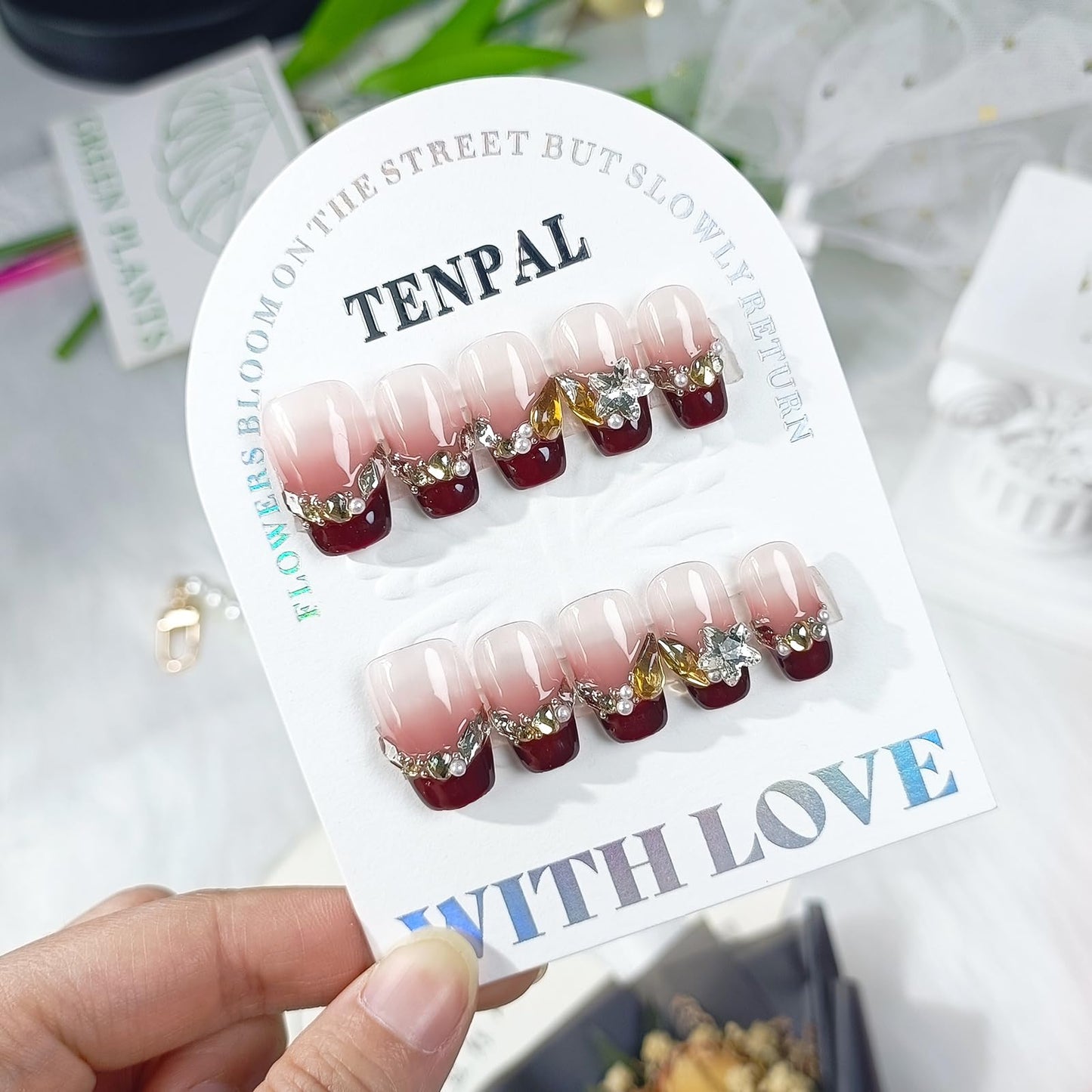 TENPAL Berry Red Glitter French Tips Press on Nails with Rhinestones,Handmade Reusable Bridal Fake Nails with Kit,Y2K Long Lasting Soft Gel Valentines nails(S)