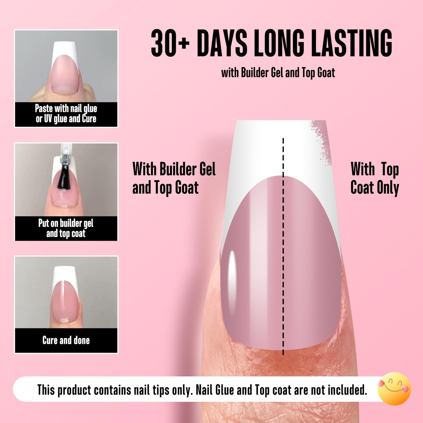 NOVO OVO White French Tip Medium Coffin Nail Tips Press on, BERRY PINK, Extra Thick Soft Gel Fake Nail Acrylic Extension, Need Builder Gel Top Coat, No Glue Included, for Salon DIY 15 Sizes x 240 pcs