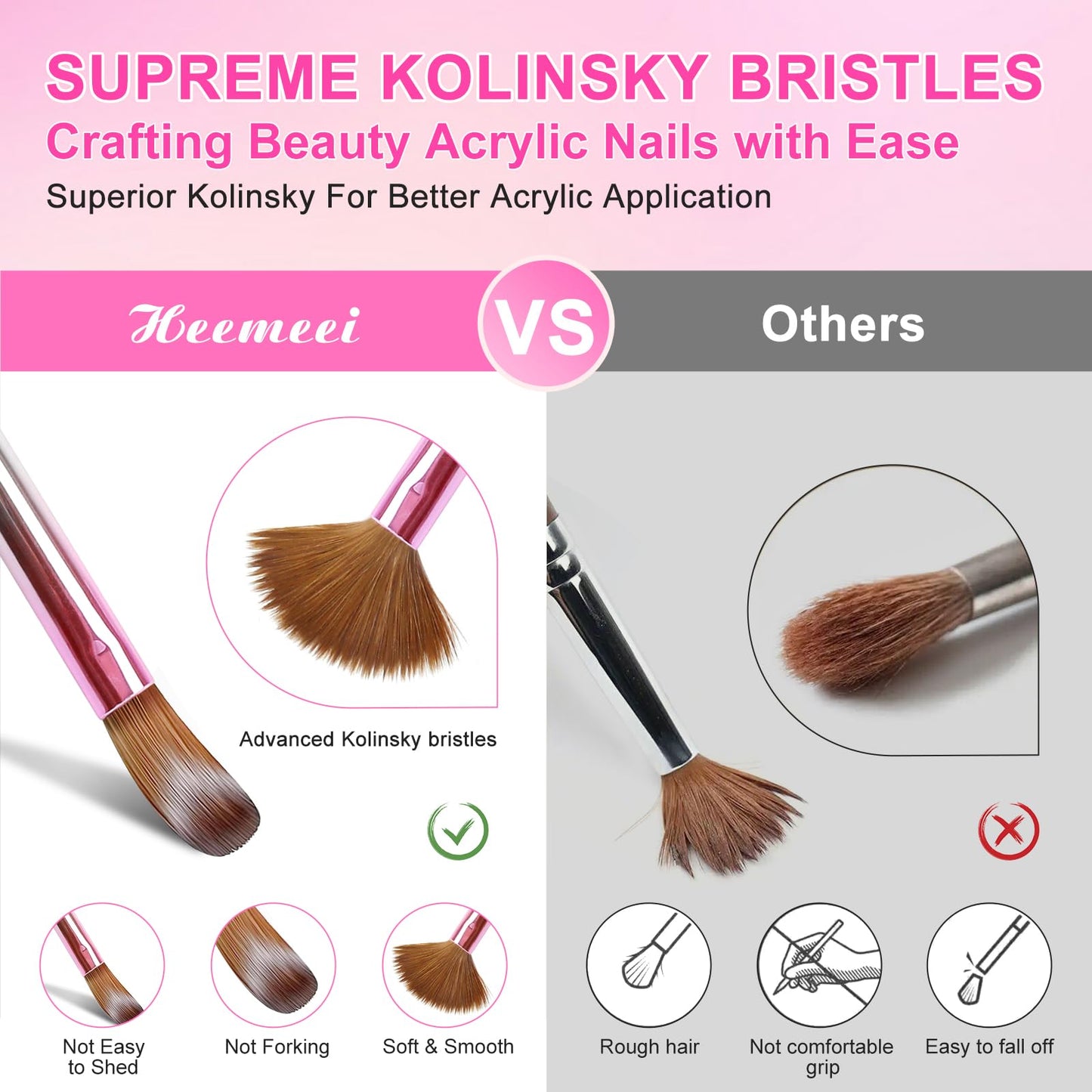 heemeei Acrylic Nail Brush Size 10, 100% Kolinsky Acrylic Brushes for Nails, Nail Brushes for Acrylic Application, Pinceles Para Uñas Acrílicas, Acrylic Powder Brush for Professional Manicure DIY