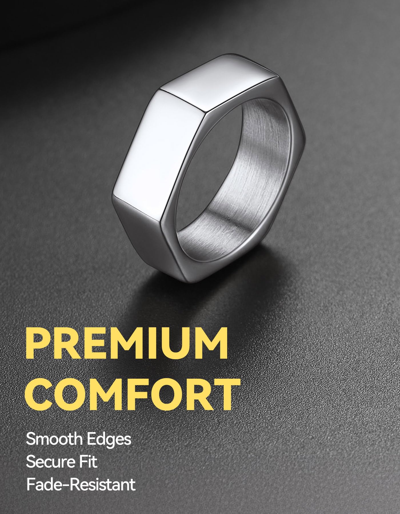 ChainsHouse Men's Punk Stainless Steel Gothic Screw Edge Hexagon Geometric Biker Ring Bands, Size 9