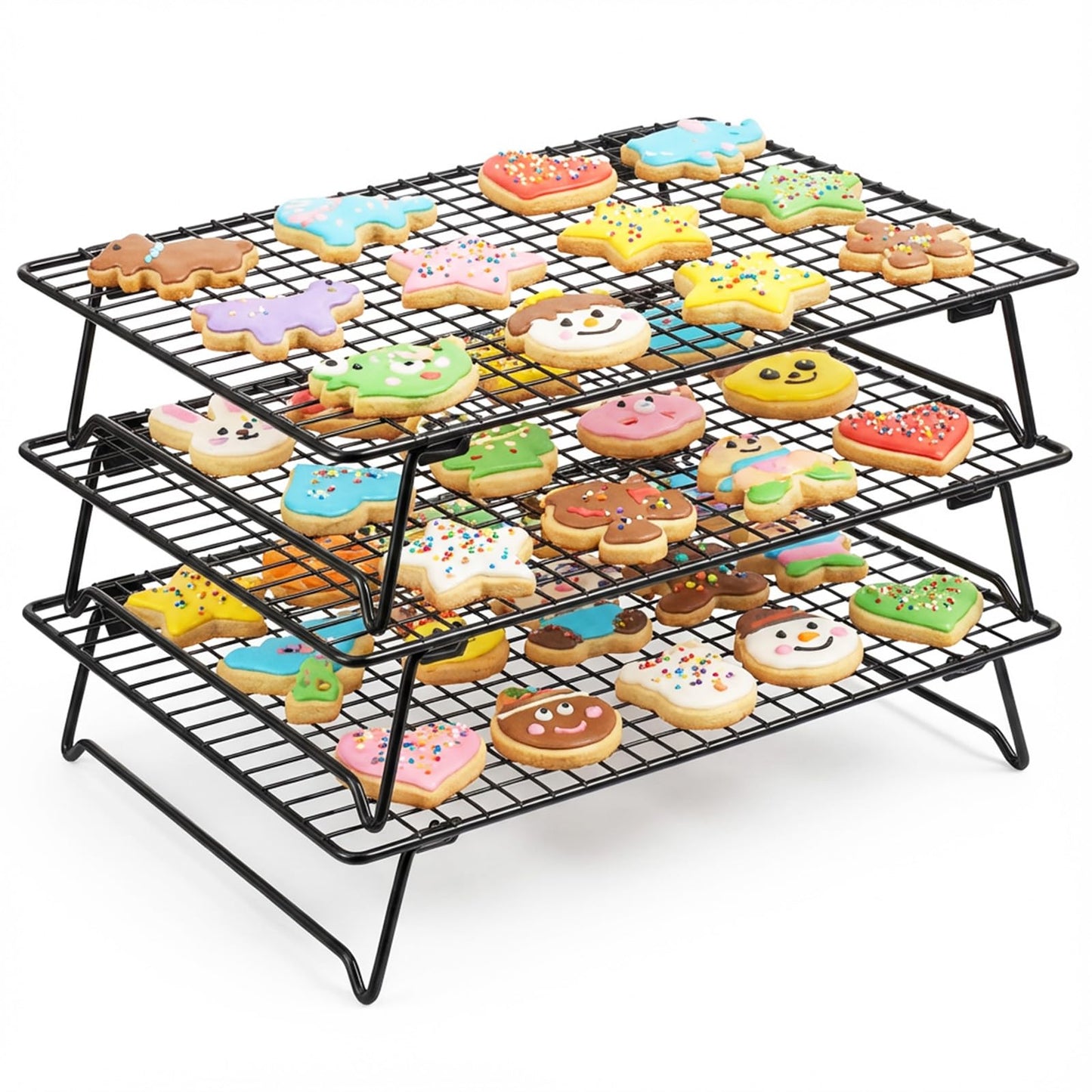 Kifmurase 3PCS Stackable Cooling Rack for Baking, 13.3 x 9.3 Inch Carbon Steel Wire Rack with Folding Legs for Cookie Cake Pizza Jerky, Multi-Use Bread Oven Racks for Cooking Roasting Drying Grilling