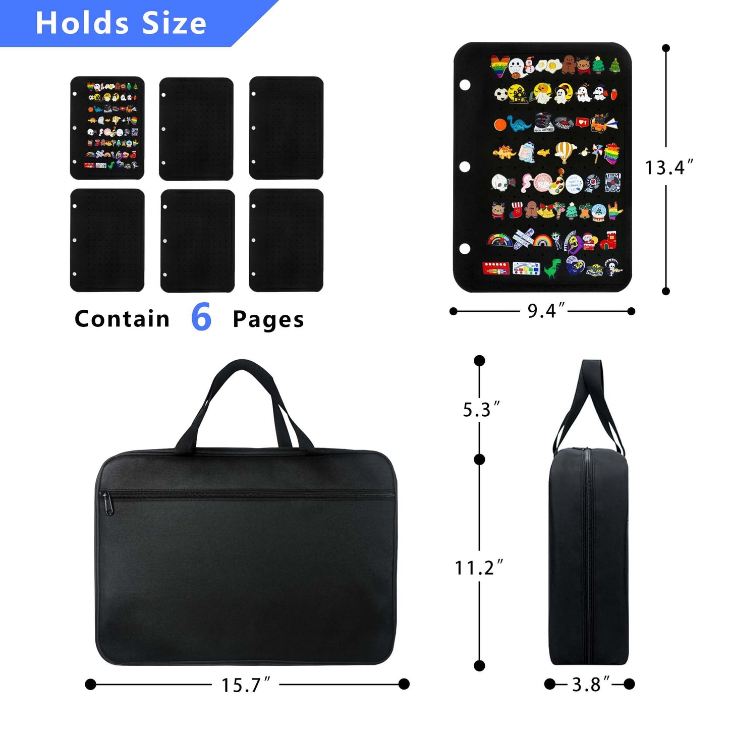 Mi Ya Mi Lai Extra Large Pin Display Book for Collectors,Portable 3 Ring Binder,Double Sided Felt Pages,Holds 300+ Pins & 50 Patches, Detachable Organizer (Black)