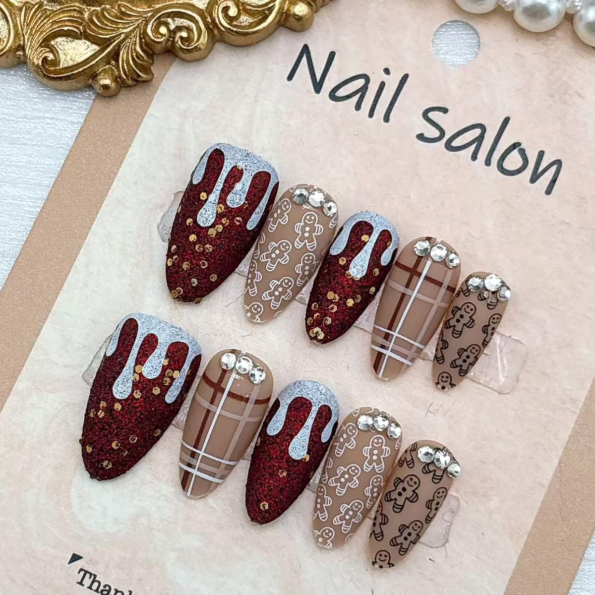 30Pcs Christmas Press on Nails Medium Almond Fake Nails Cute Gingerbread Man False Nails with 3D silver Rhinestones Design Brown Glitter Winter Snow Artificial Stick on Nail Full Cover for Women DIY