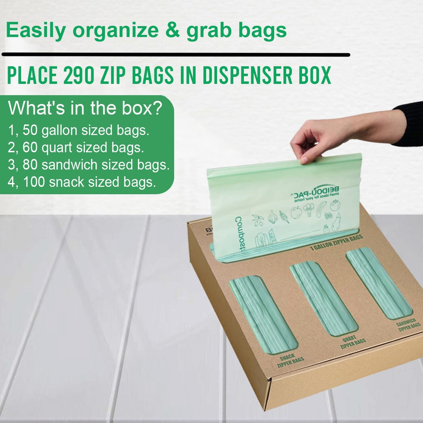 BEIDOU-PAC Compostable Combo Storage Zip Bags, 290 Count Resealable Variety Pack with Organizer, Reclosable Biodegradable Eco-Friendly Compost Snack, Sandwich, Quart, Gallon Assorted Size Bags