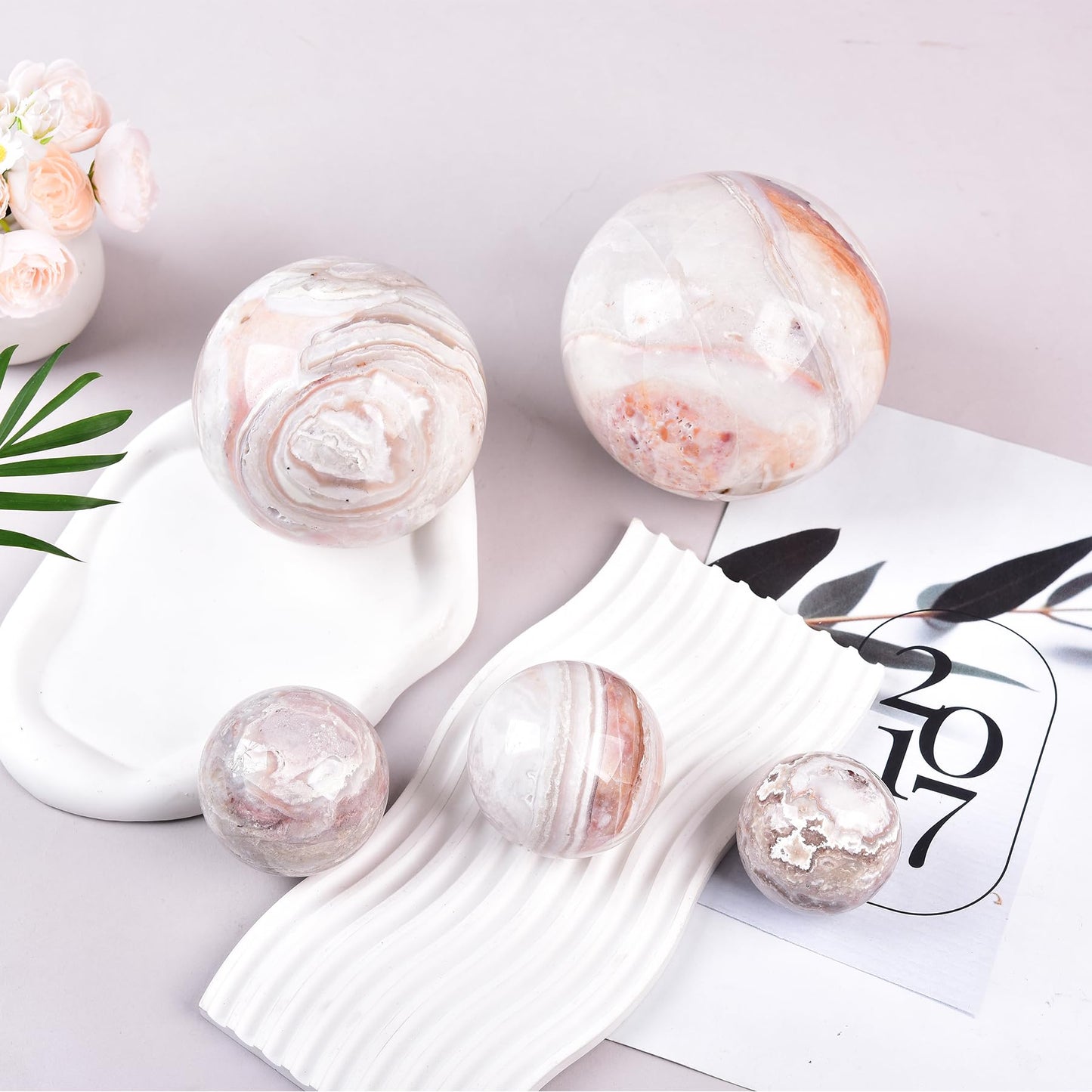 JIC Gem Natural Pink Agate Crystal Sphere with Wooden Stand,Decorative Crystal Ball Pink Gemstone Sphere for Meditation,Feng Shui,Witch-Style Decor,Table 70-80mm