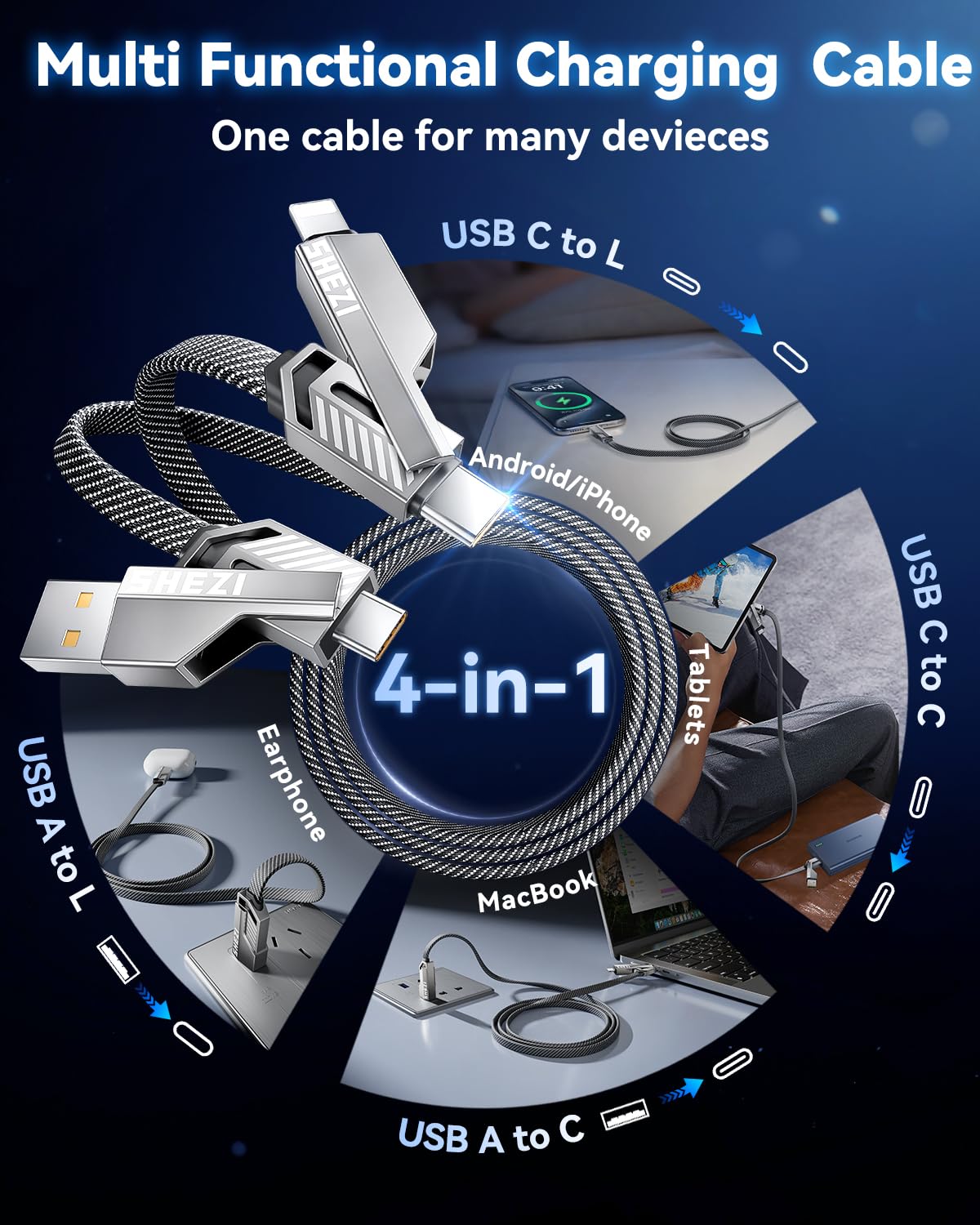 [One is Enough] 4-in-1 Compatible with USB C to Lightning Cable, 60W High-Speed Charging & Fast Data Transfer,CarPlay & Android Auto Support Multi Charger Cord Combo for iPhone/Samsung/iPad,3FT