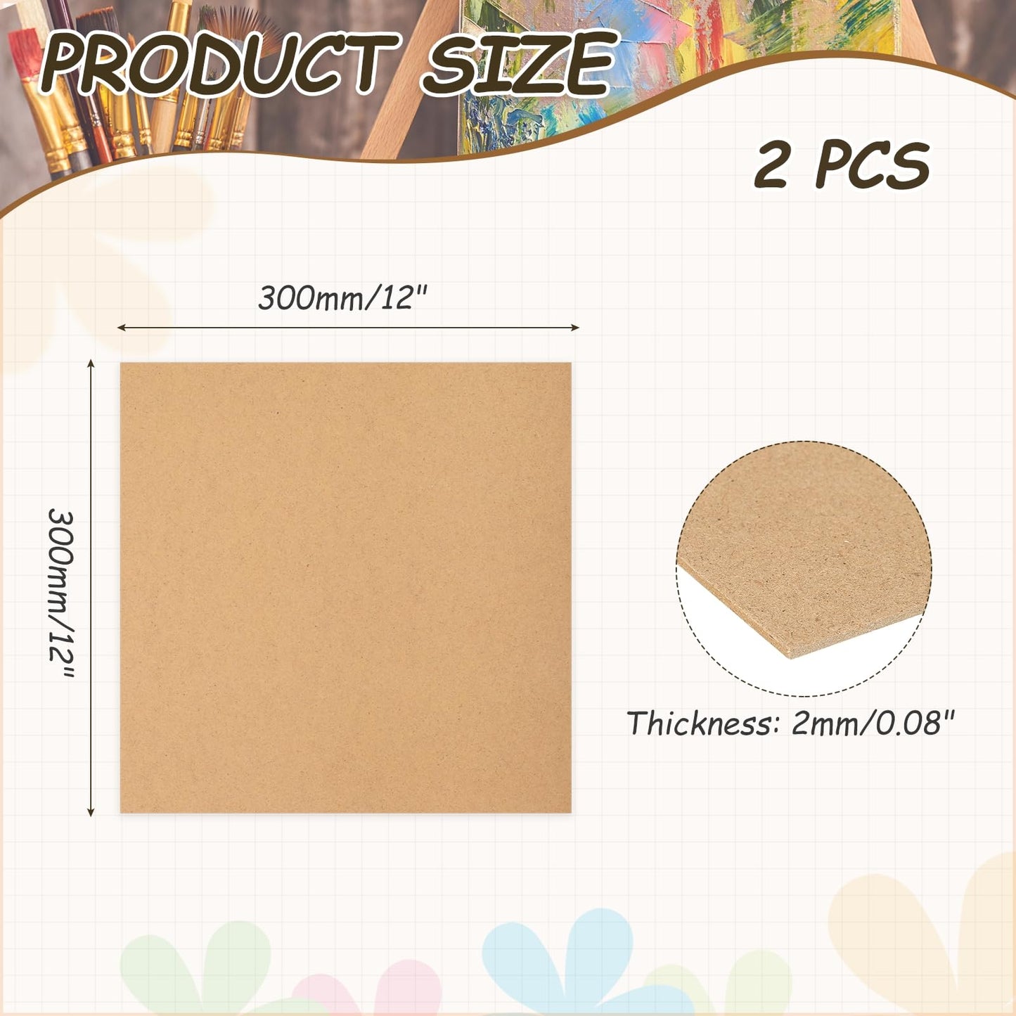 MECCANIXITY MDF Wood Board for Crafts,1/12"(2mm) Thick Medium Density Fiberboard Unfinished Wood for DIY Projects, Art Classes, Carpentry, Painting (12 x 12 in,2Pcs)
