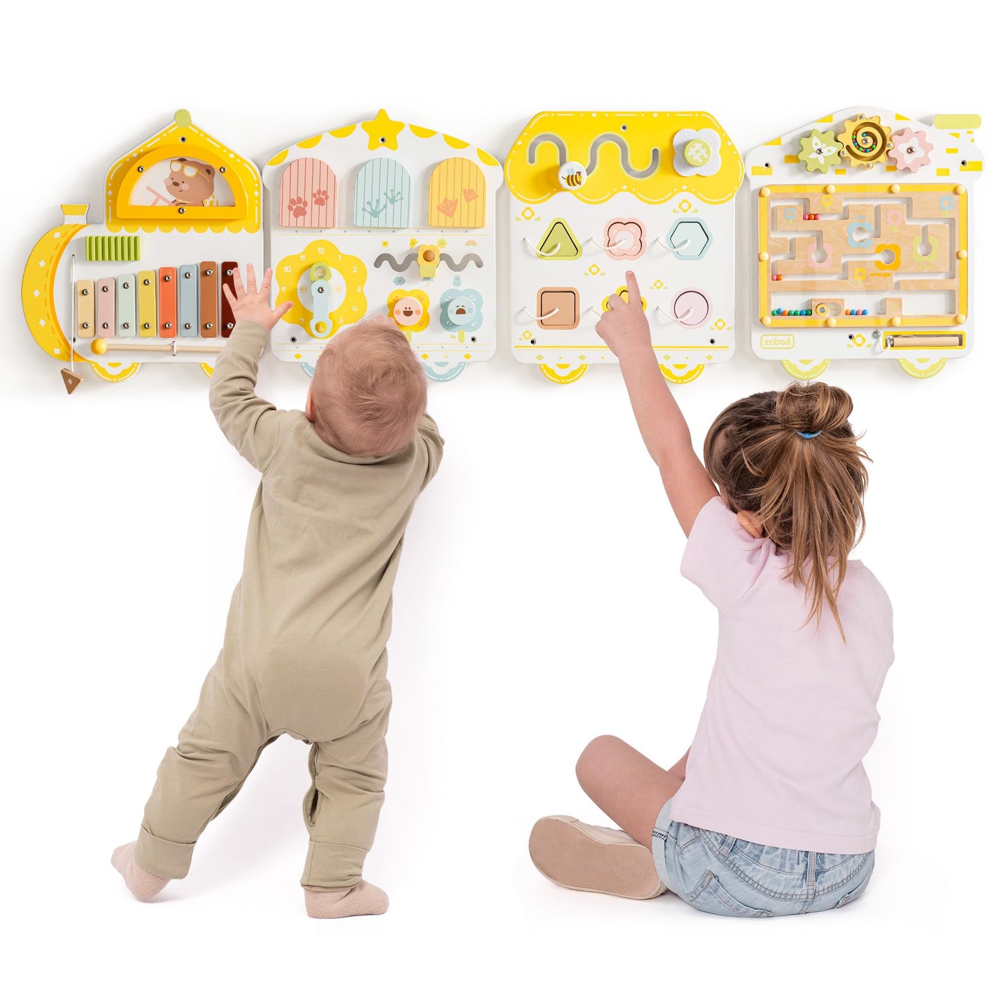 ROBUD Activity Wall Busy Board, Spring Train Montessori Busy Board, 12-in-1 Wooden Sensory Wall Panel, Montessori Sensory Wall Panel for Boys & Girls, Ideal for Toddler Playroom Nursery Classroom