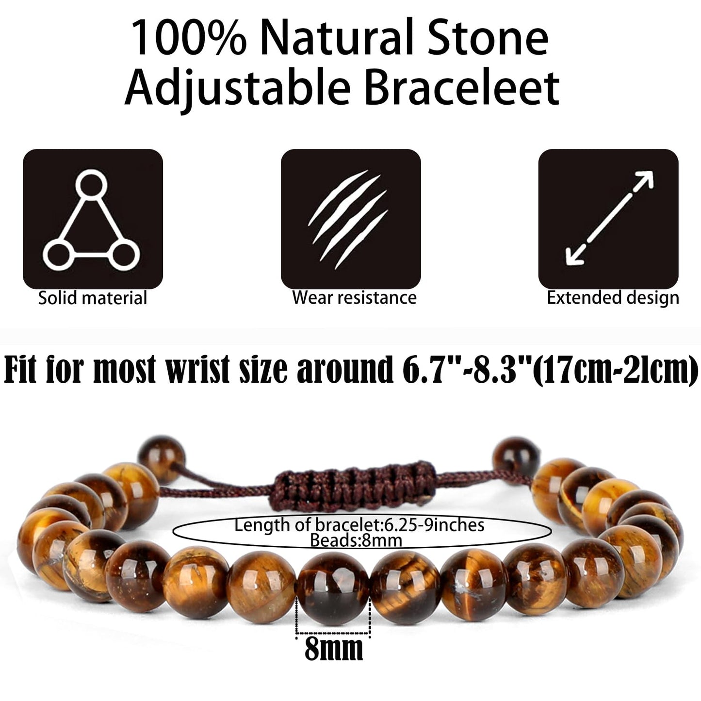 QOGIR Handmade Healing Bracelet,8mm Natural Yellow Tiger Gem Stone Beads Bracelet,for Men Women Gifts with 2PCS Size Adjustable Rope Bracelets