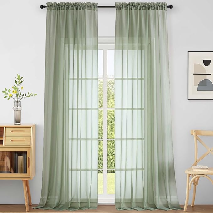 Extra Wide Sage Green Sheer Curtains 120 Inches Long, Extra Long Light Filtering Modern Patio Curtains for Sliding Glass Door, Rod Pocket Drapes for Living Room, 2x59Wx120L Inches, 10FT, 2PCS