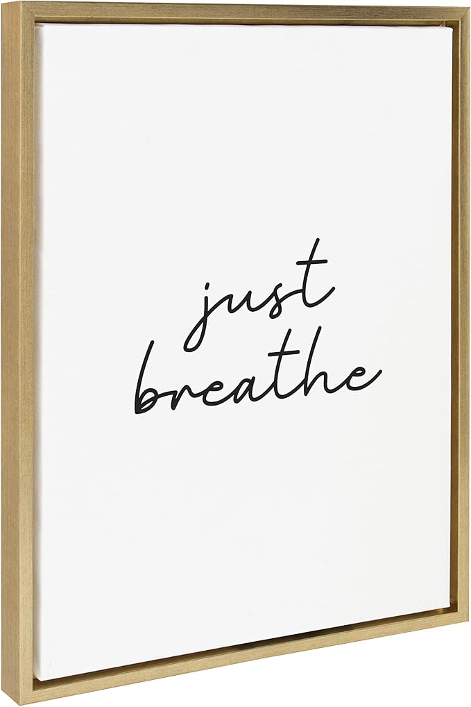 Kate and Laurel Sylvie Just Breathe Black and White Framed Canvas Wall Art by The Creative Bunch Studio, 18x24 Gold, Simple Motivational Art, Self Care Wall Décor