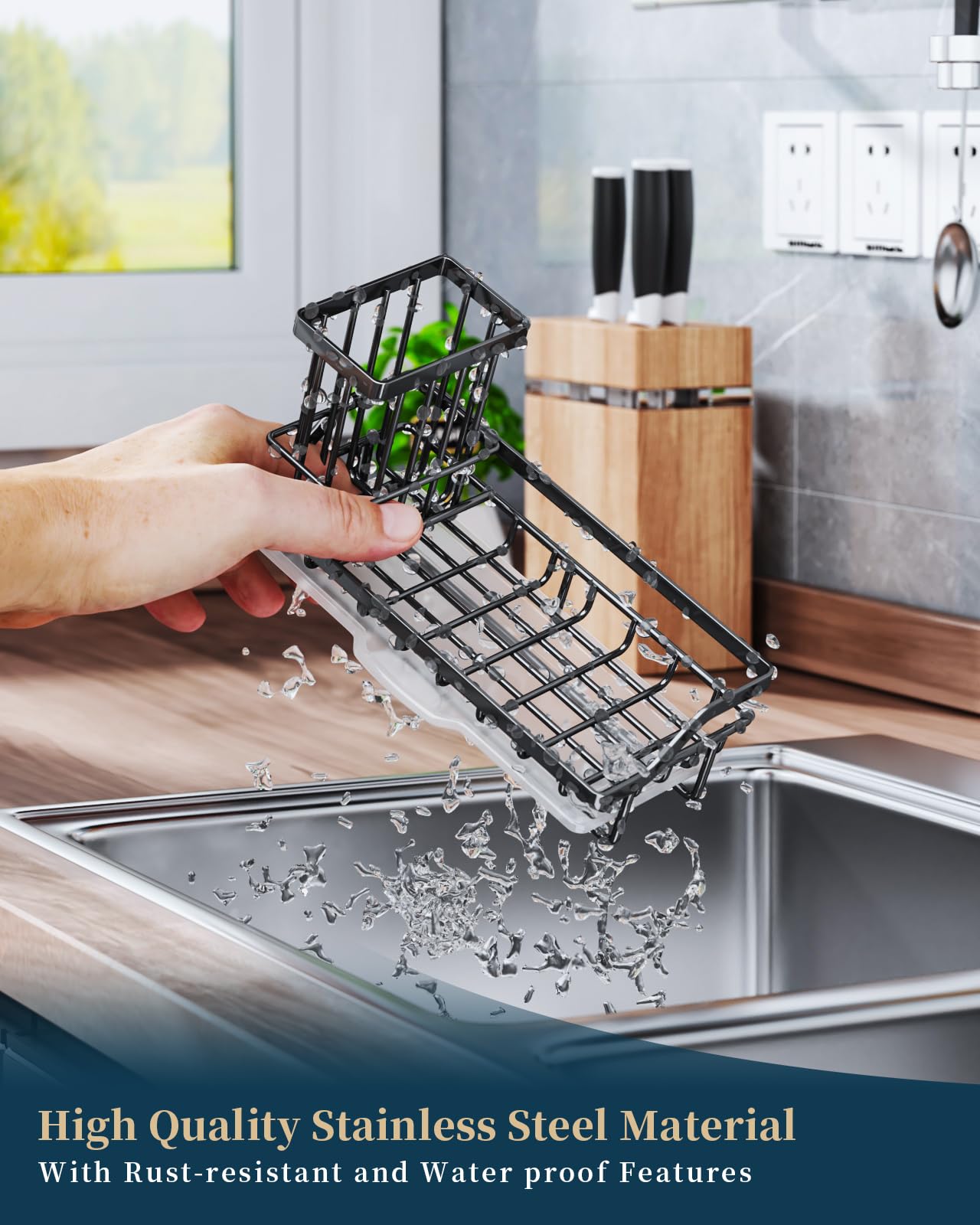 Consumest Sponge Holder for Kitchen Sink - Kitchen Sink Caddy Organizer with Removable Drip Tray for Countertop Dish Soap Dispenser Brush Storage Accessories 304 Stainless Steel - Black