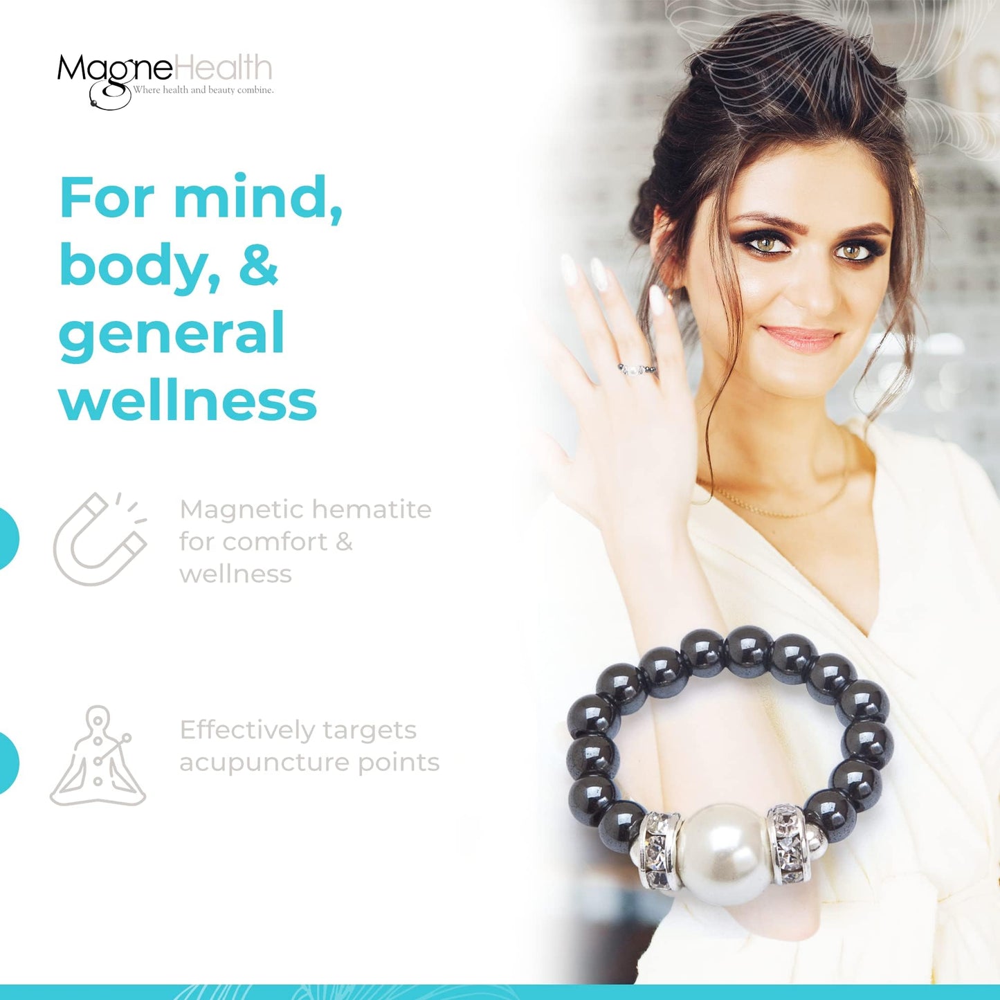 MAGNEHEALTH - Black - XS 5-6 - Magnetic Hematite Stretch Ring with Large White Magnet Bead, Unisex Ring, Absorbs Negative Energy, Wellness & Balance Jewelry