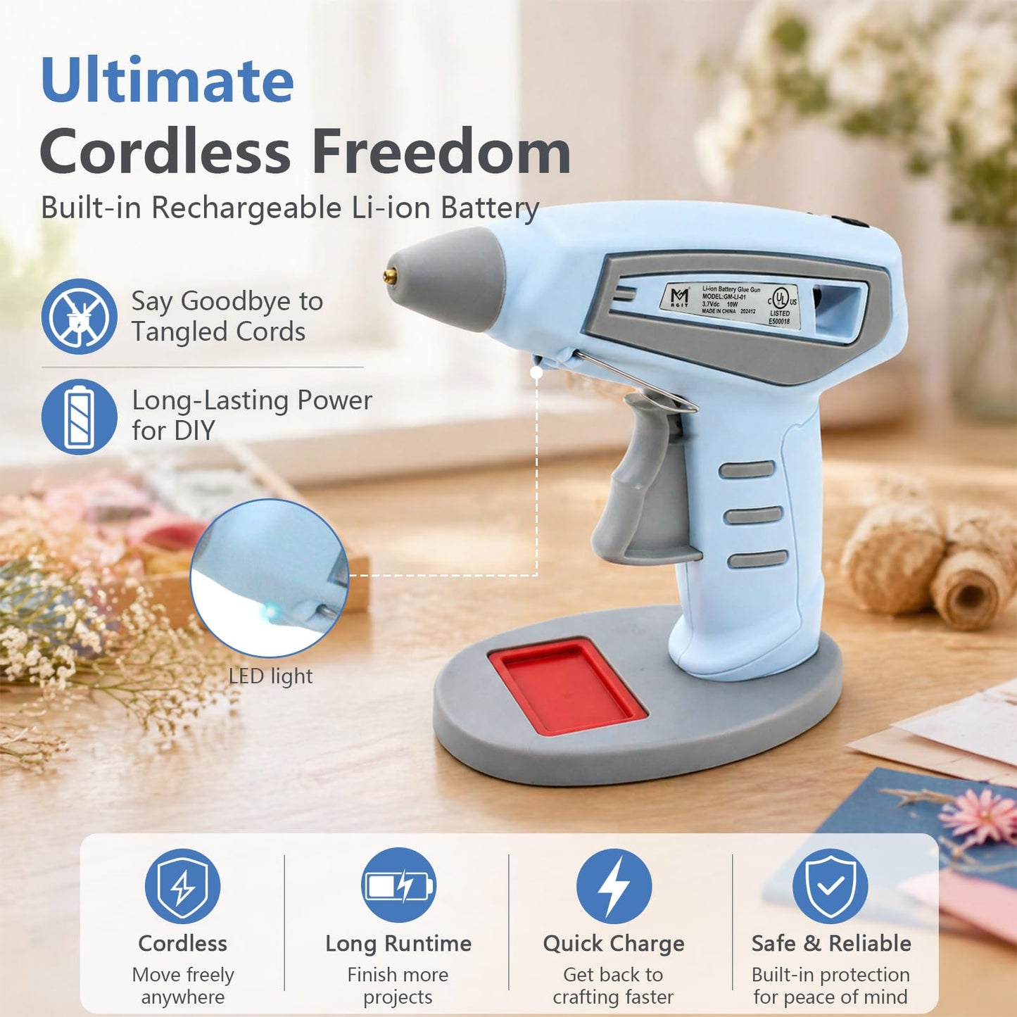 Cordless Hot Glue Gun Kit, 15-Second Fast Heating 10W, 30pcs Glue Sticks & Canvas Bag, Auto Shut-Off, Safety Nozzle, USB Rechargeable for DIY Crafts Fabric Wood Home Repairs(Blue)