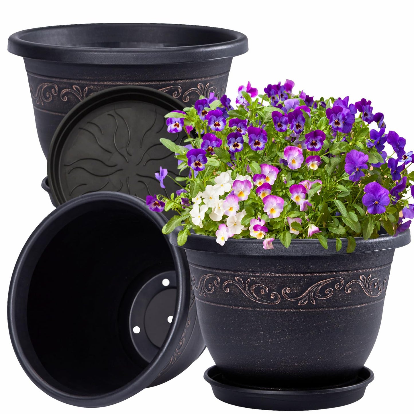 QCQHDU 10 inch Retro Plant Pots, 3 Pack Plastic Planters for Indoor & Outdoor Plants Flower Pot with Drainage Hole and Saucer